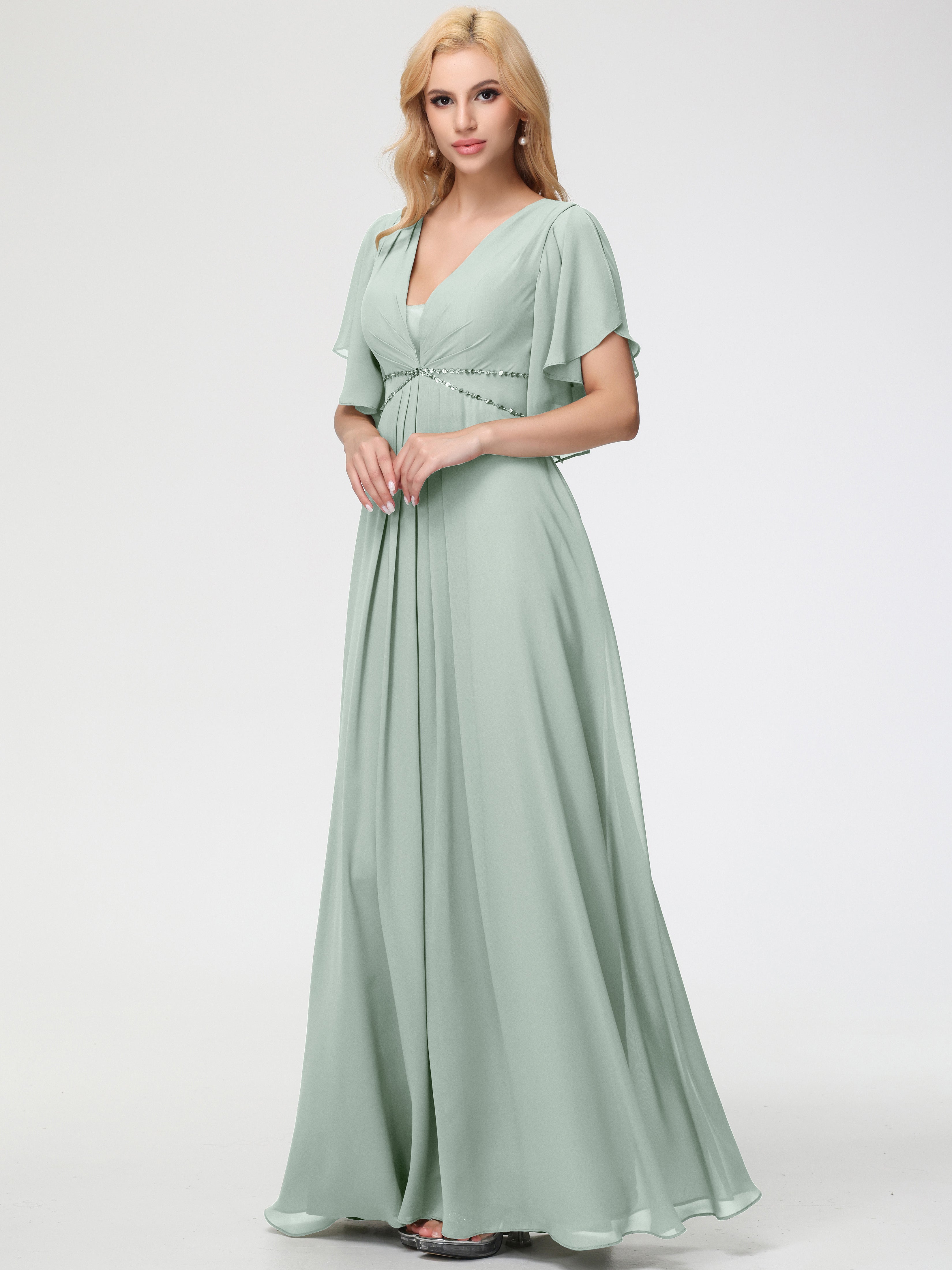 Celadon Bridesmaid Dresses A-Line Short Sleeves V Neck Sequined Empire Waist Long Chiffon Bridesmaid Dresses