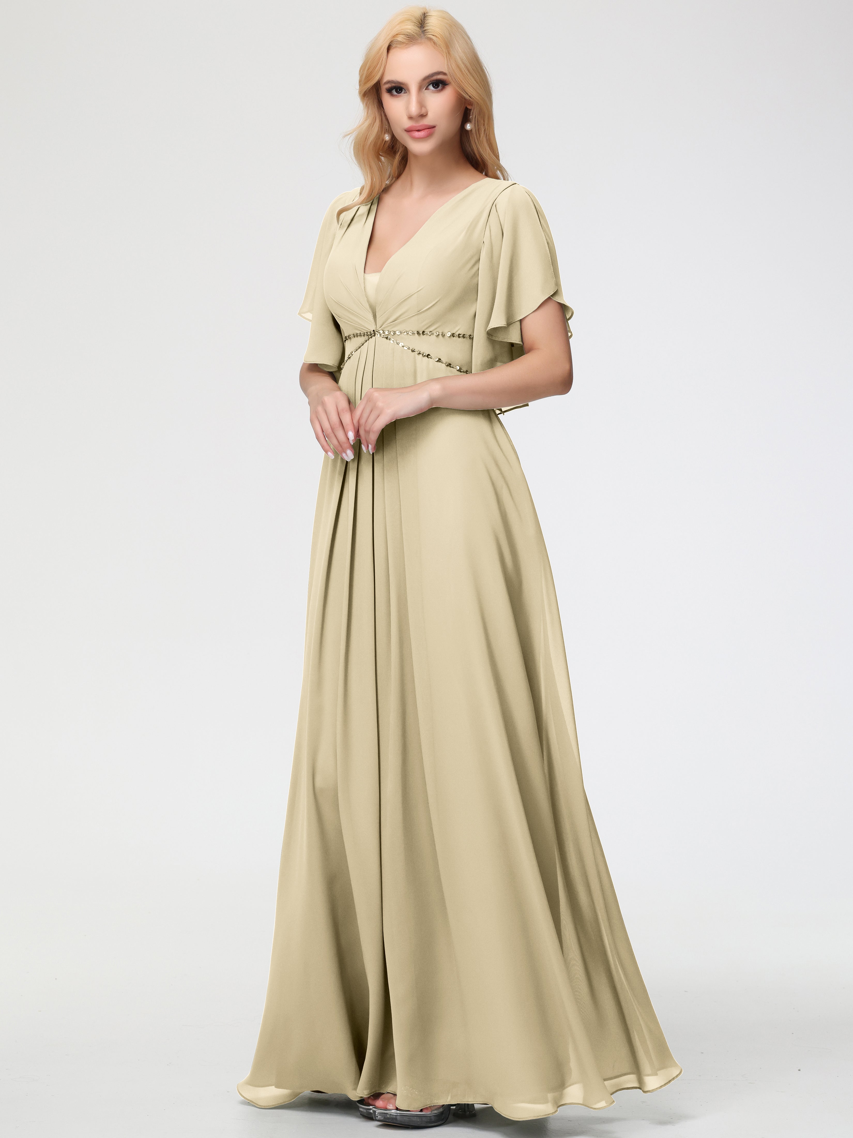 Champagne Gold Bridesmaid Dresses A-Line Short Sleeves V Neck Sequined Empire Waist Long Chiffon Bridesmaid Dresses