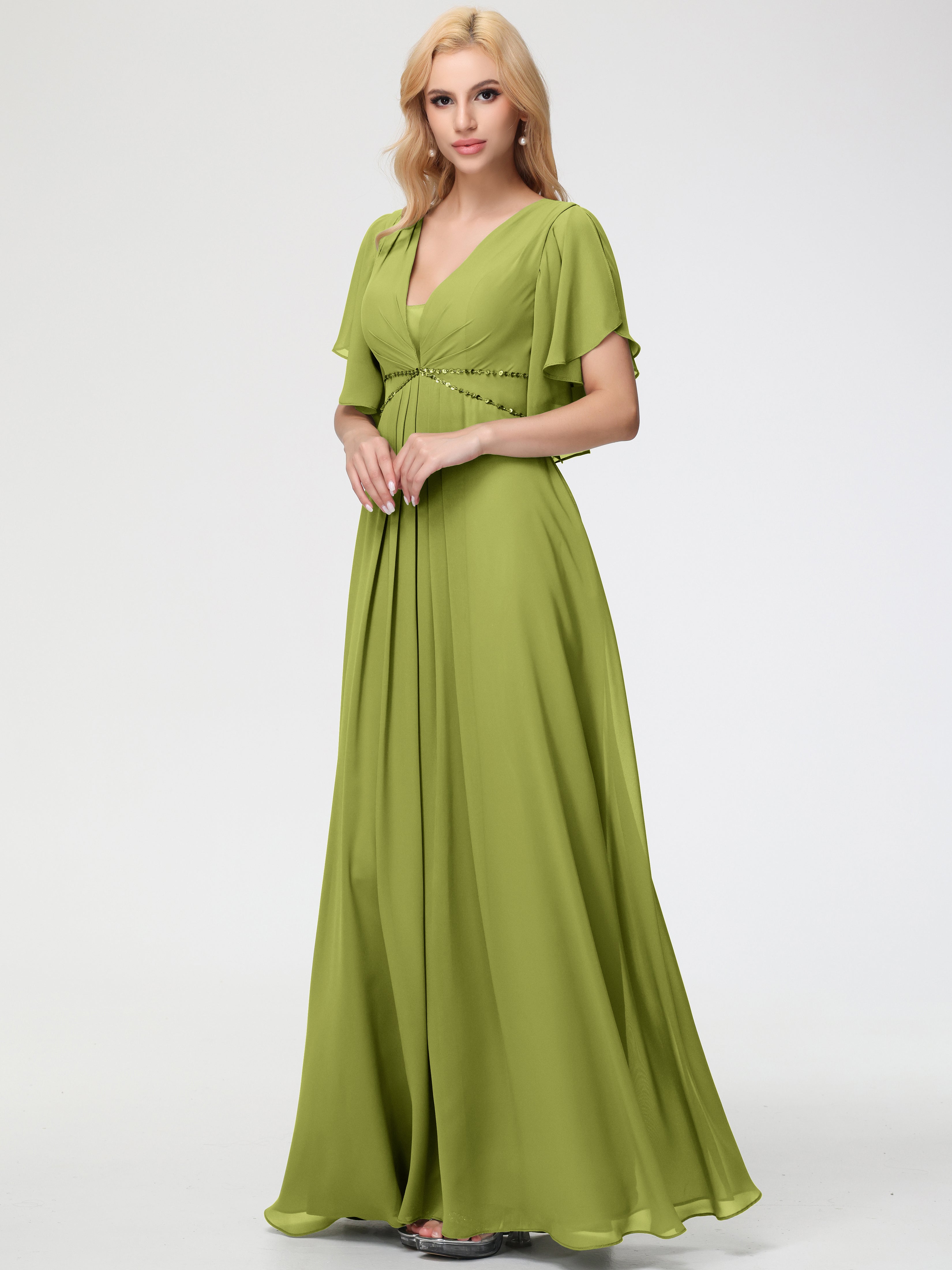 Clover Bridesmaid A-Line Short Sleeves V Neck Sequined Empire Waist Long Chiffon Bridesmaid Dresses