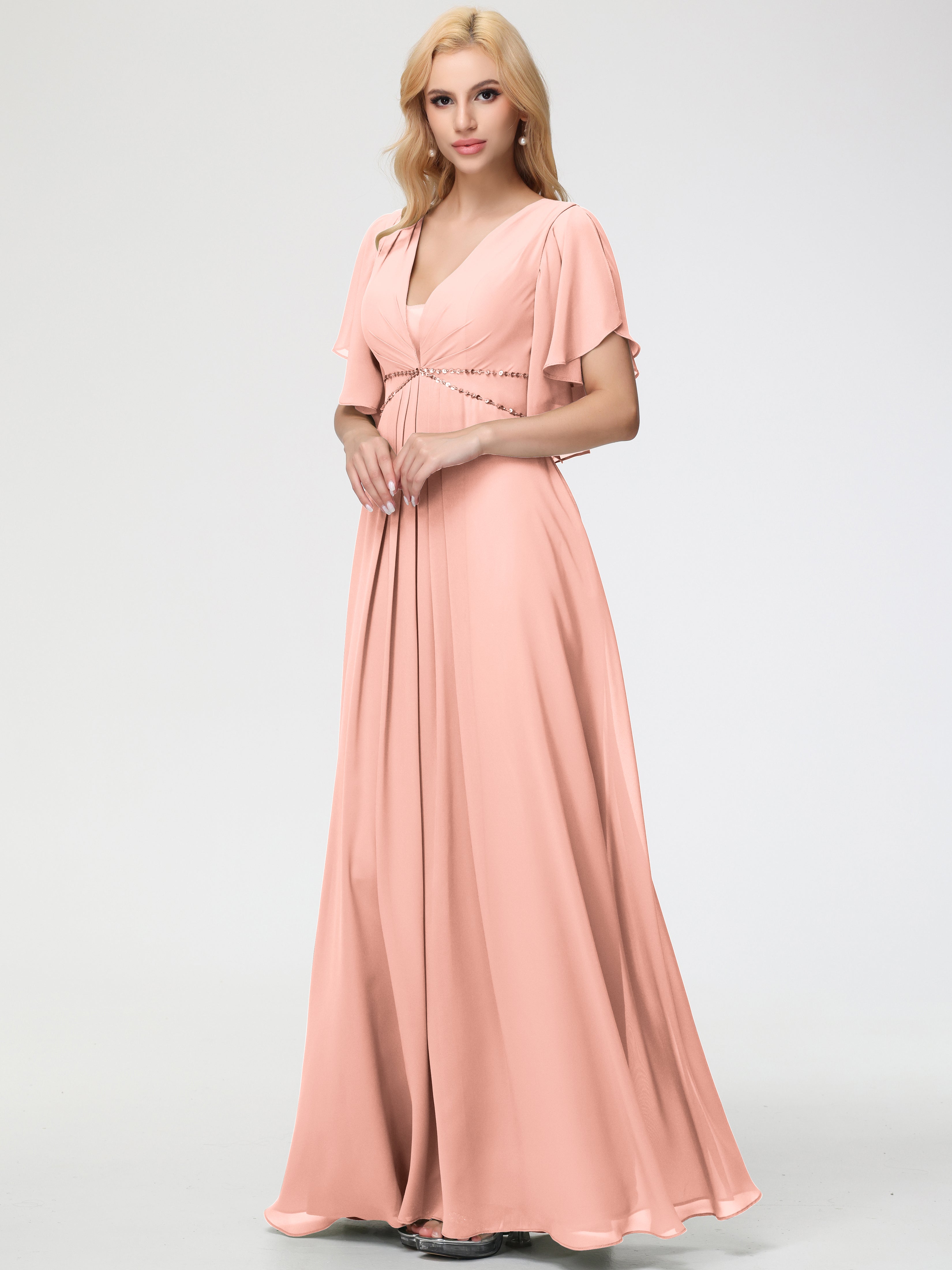 Bridesmaid Dresses Coral A-Line Short Sleeves V Neck Sequined Empire Waist Long Chiffon Bridesmaid Dresses