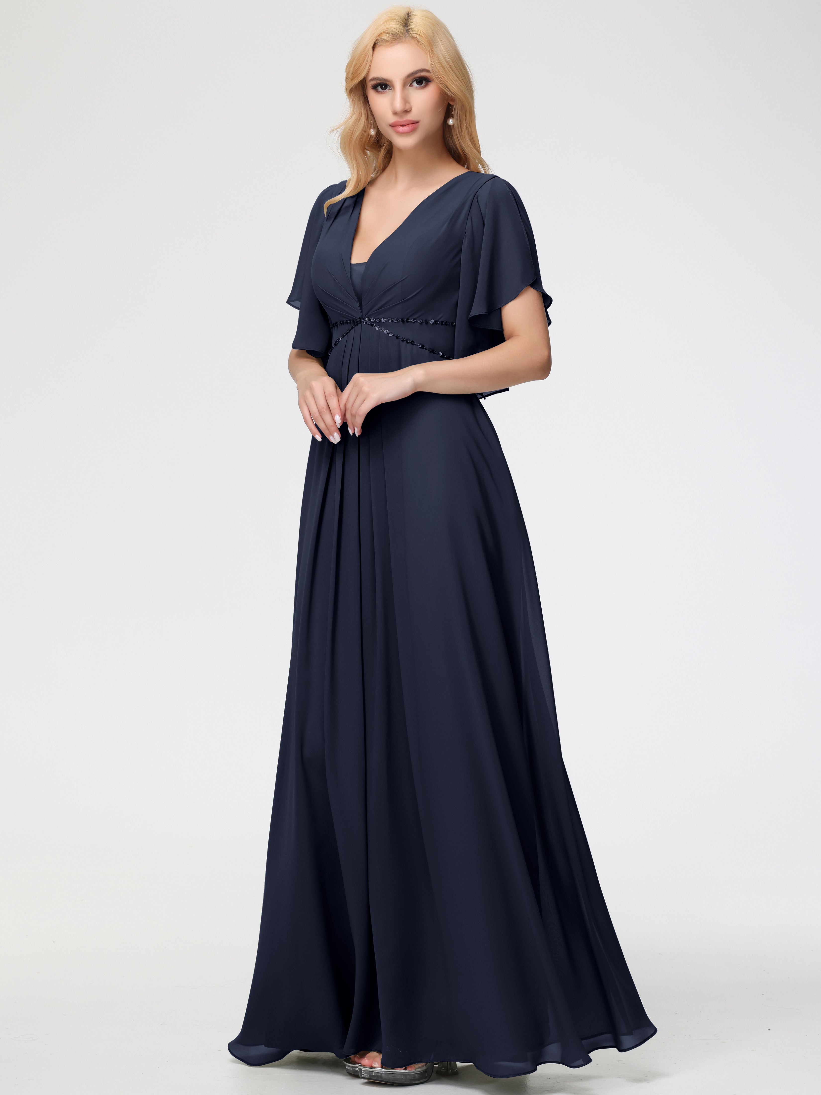 Dark Navy Bridesmaid Dresses A-Line Short Sleeves V Neck Sequined Empire Waist Long Chiffon Bridesmaid Dresses