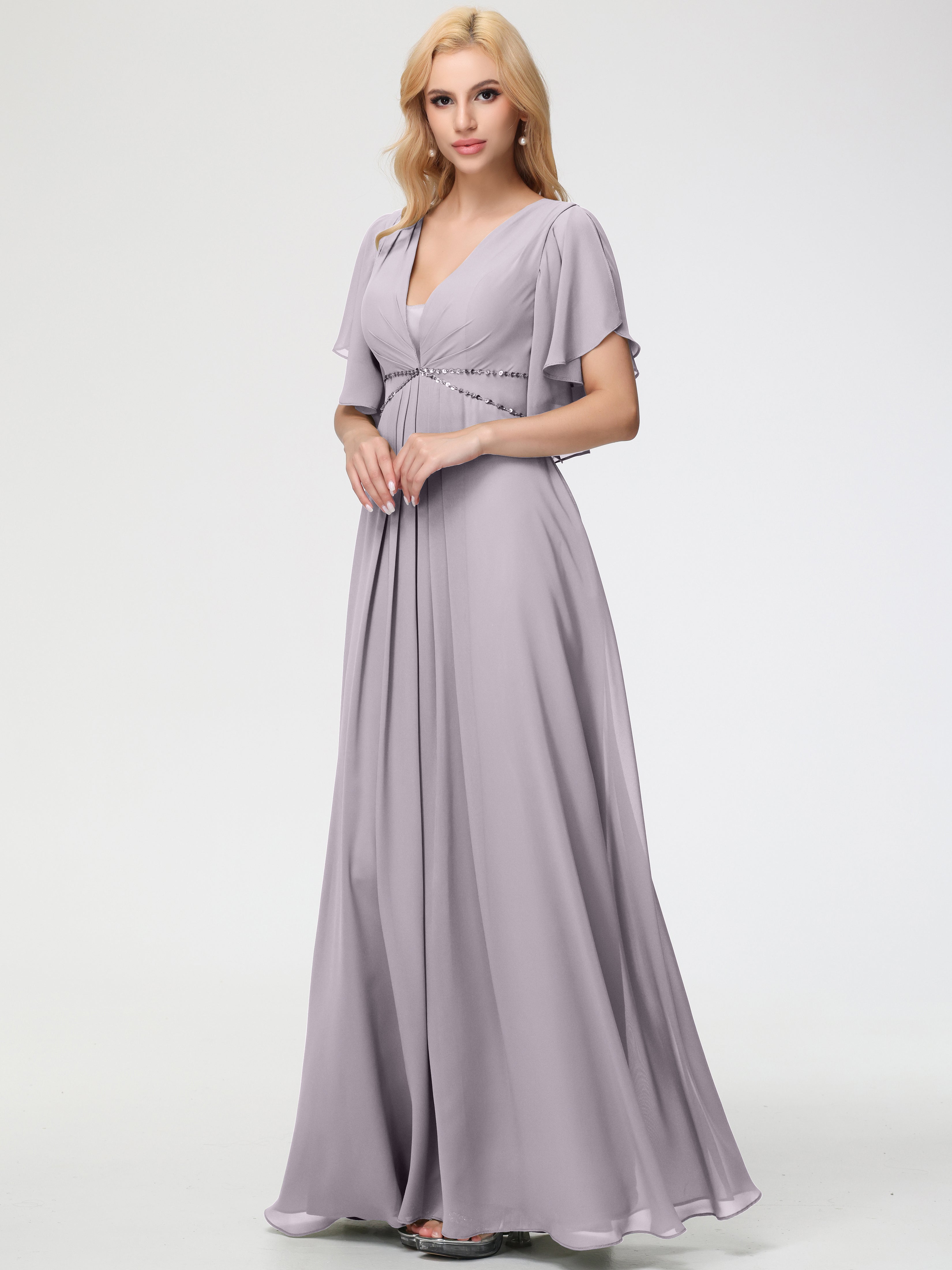 Bridesmaid Dresses Dusk A-Line Short Sleeves V Neck Sequined Empire Waist Long Chiffon Bridesmaid Dresses