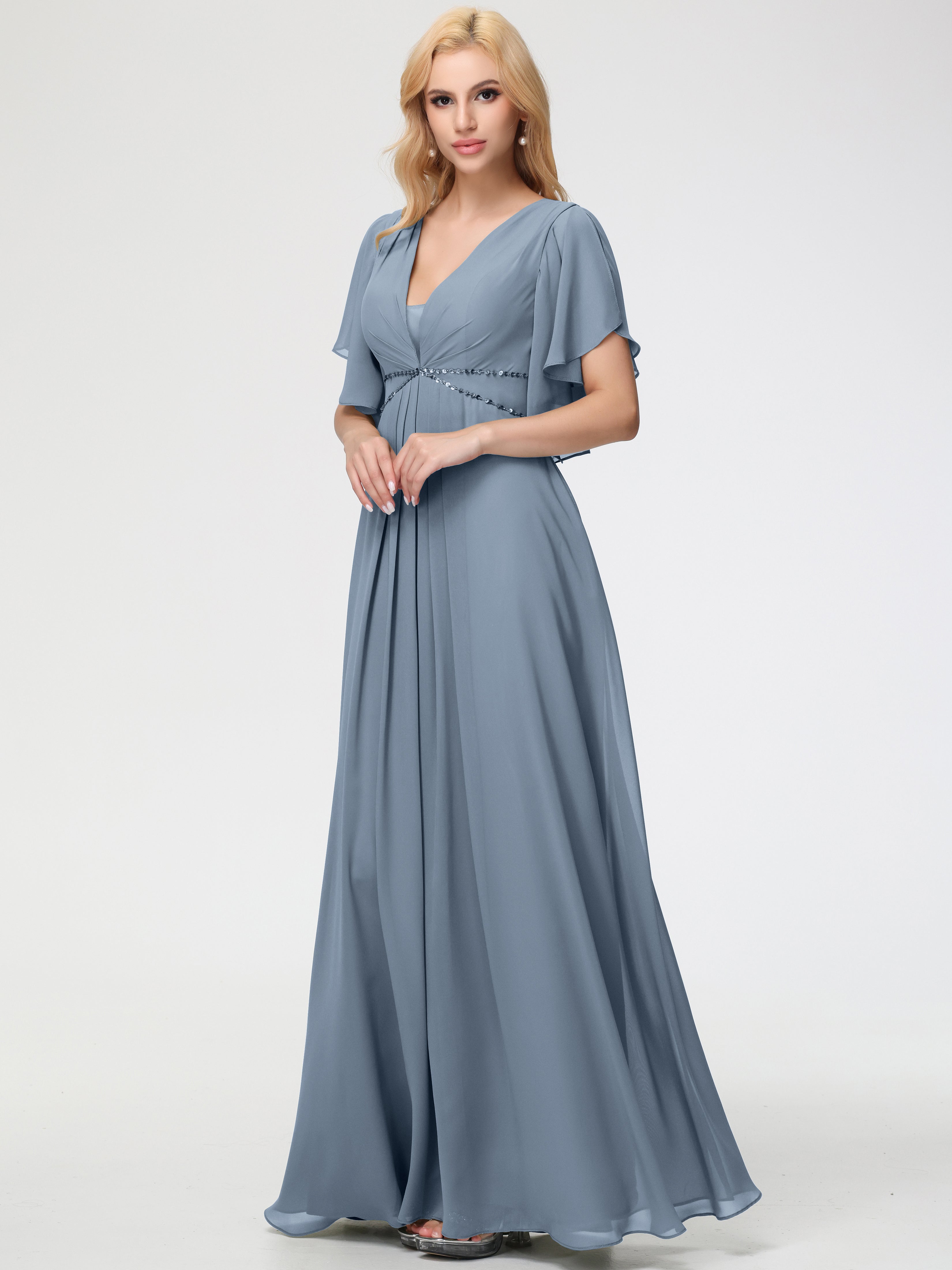 Dusty Blue Bridesmaid Dress A-Line Short Sleeves V Neck Sequined Empire Waist Long Chiffon Bridesmaid Dresses