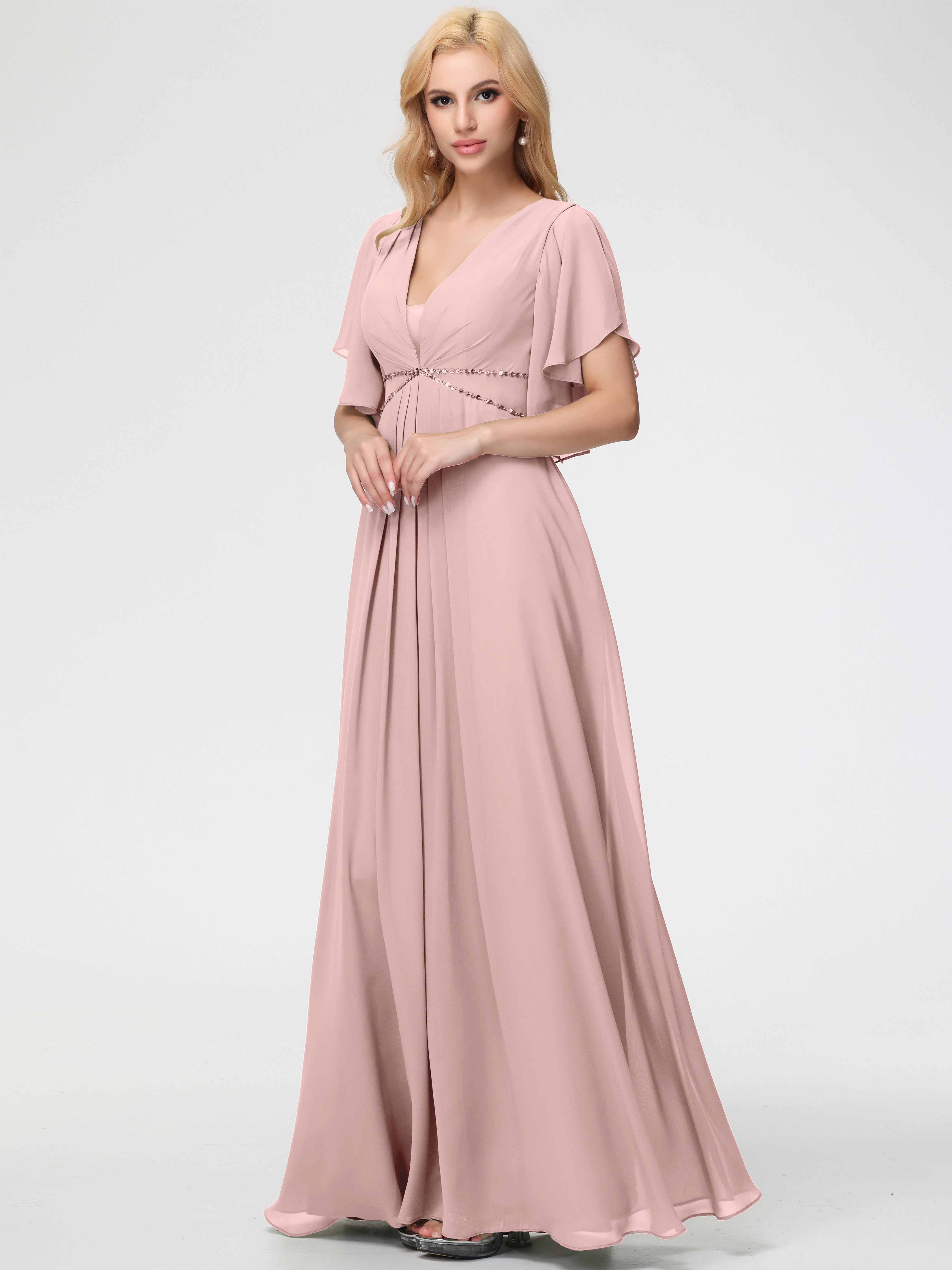 Bridesmaid Dresses Dusty Rose A-Line Short Sleeves V Neck Sequined Empire Waist Long Chiffon Bridesmaid Dresses