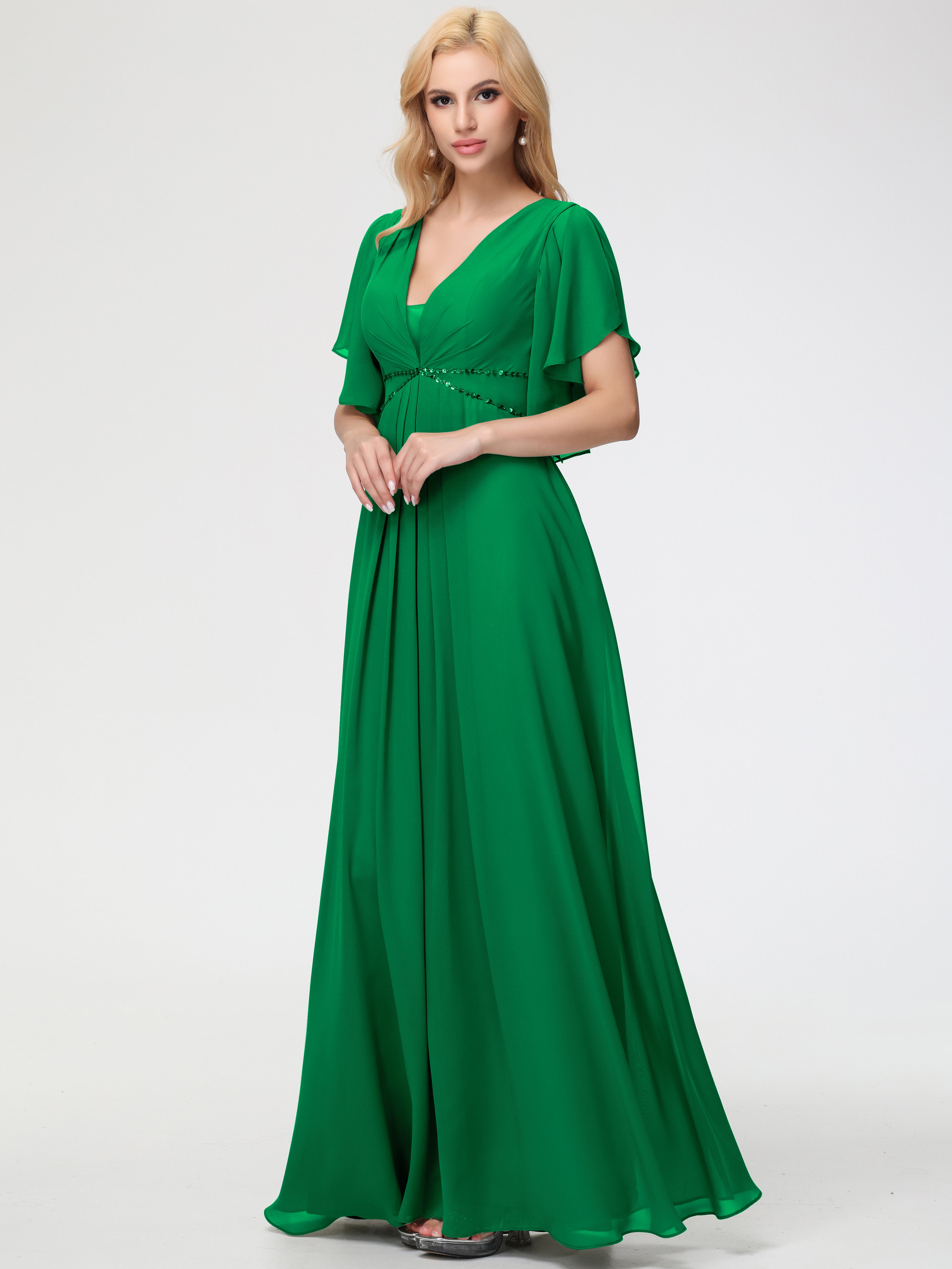 Emerald Green Bridesmaid Dress A-Line Short Sleeves V Neck Sequined Empire Waist Long Chiffon Bridesmaid Dresses