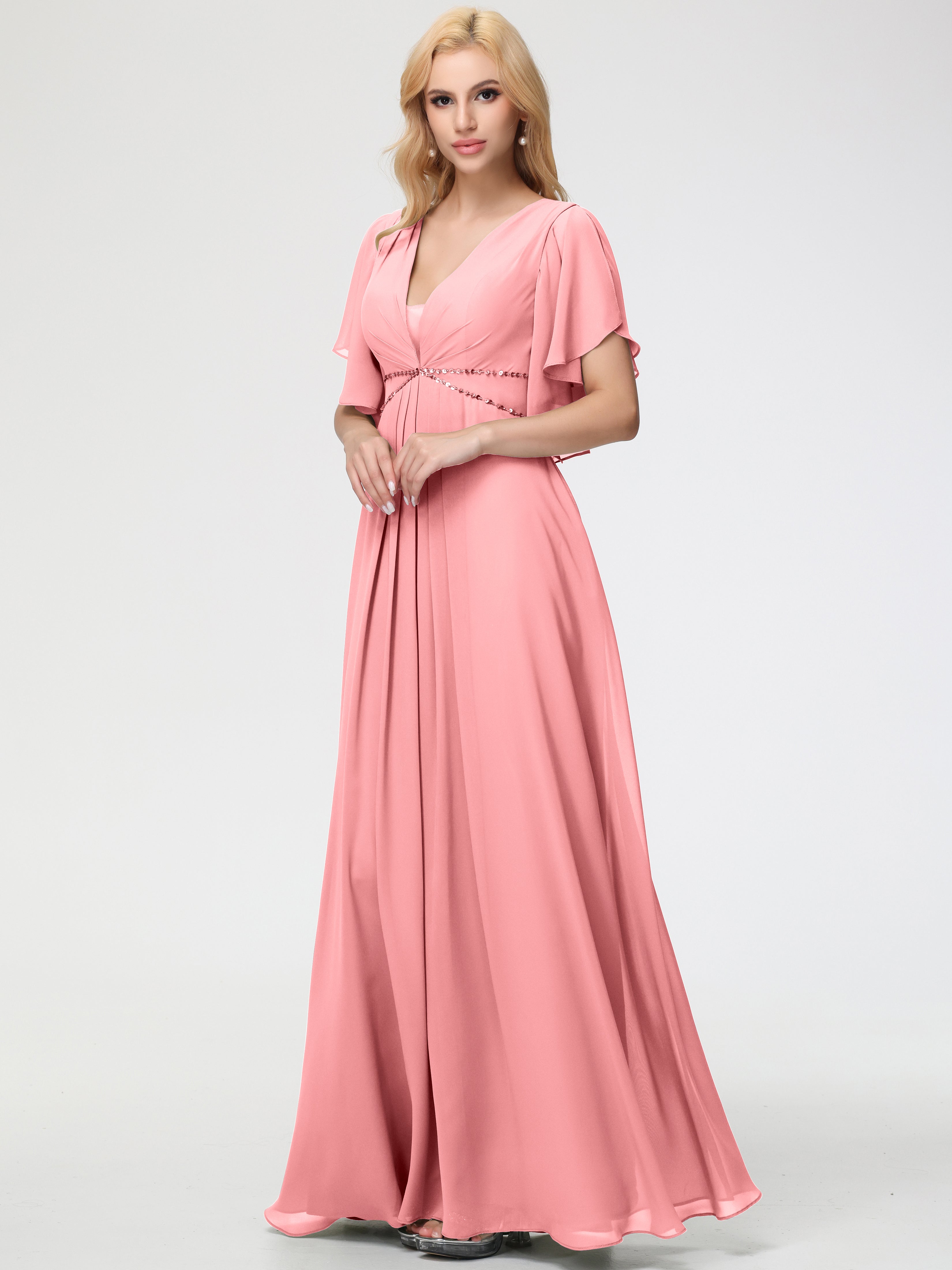 Flamingo Pink Bridesmaid Dress A-Line Short Sleeves V Neck Sequined Empire Waist Long Chiffon Bridesmaid Dresses