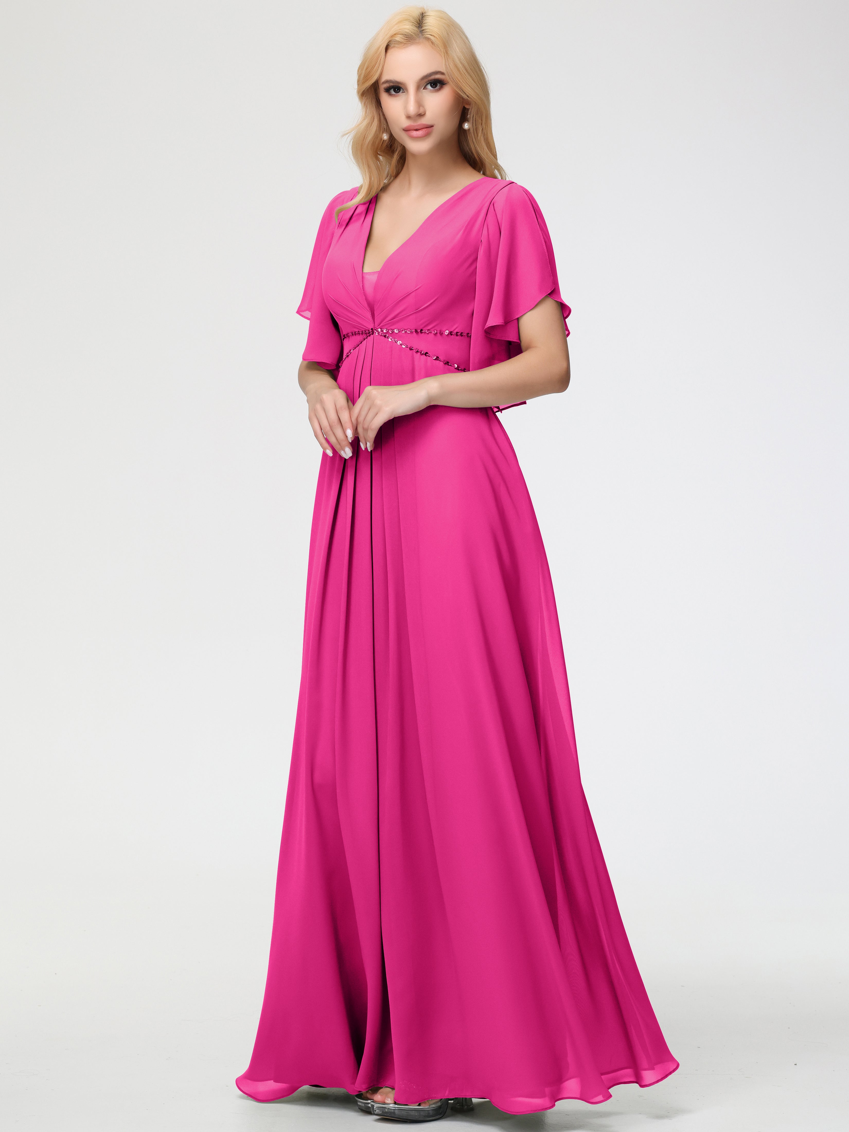 Fuchsia Bridesmaid Dresses A-Line Short Sleeves V Neck Sequined Empire Waist Long Chiffon Bridesmaid Dresses