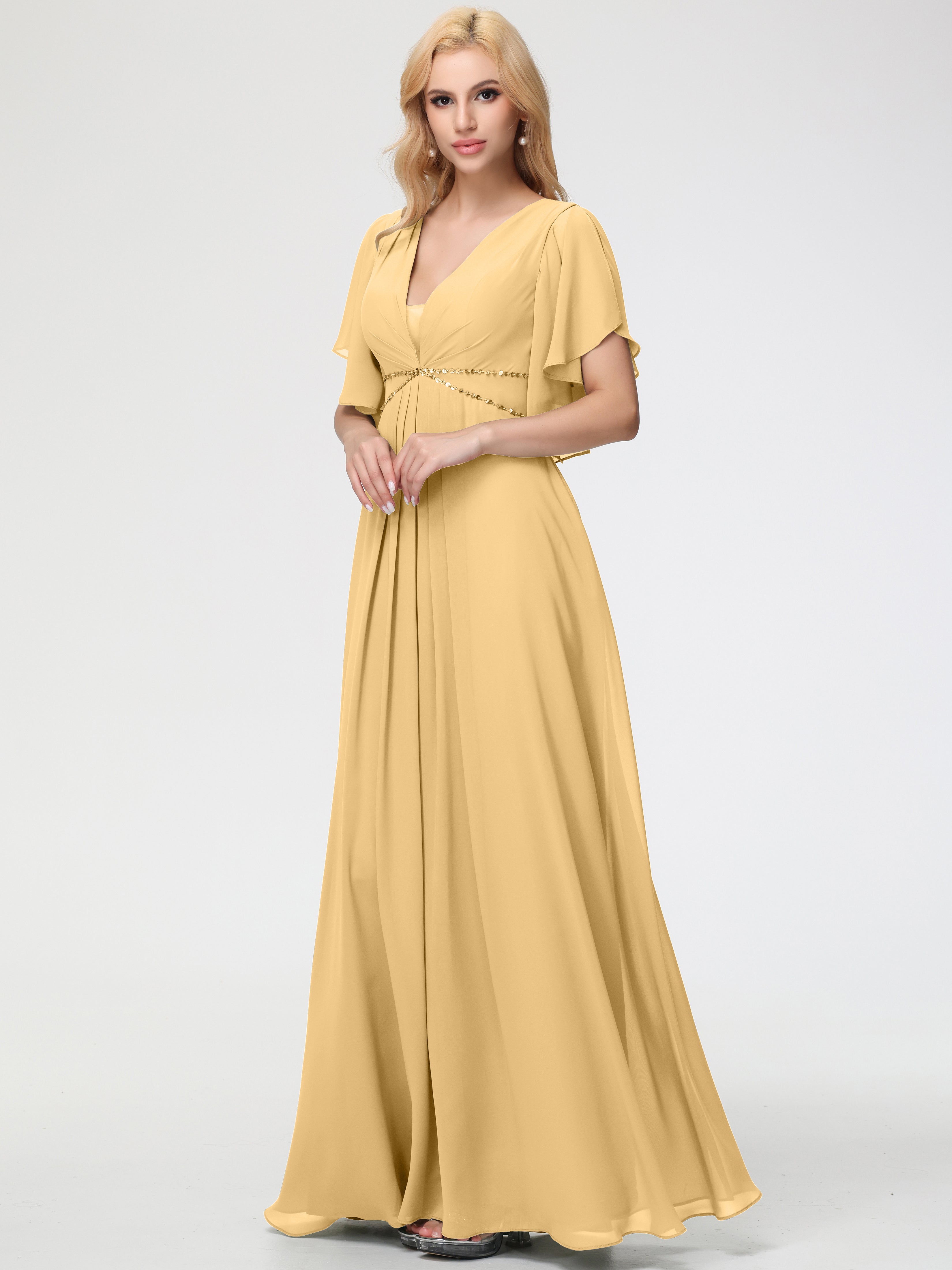 Gold Bridesmaid Dresses A-Line Short Sleeves V Neck Sequined Empire Waist Long Chiffon Bridesmaid Dresses