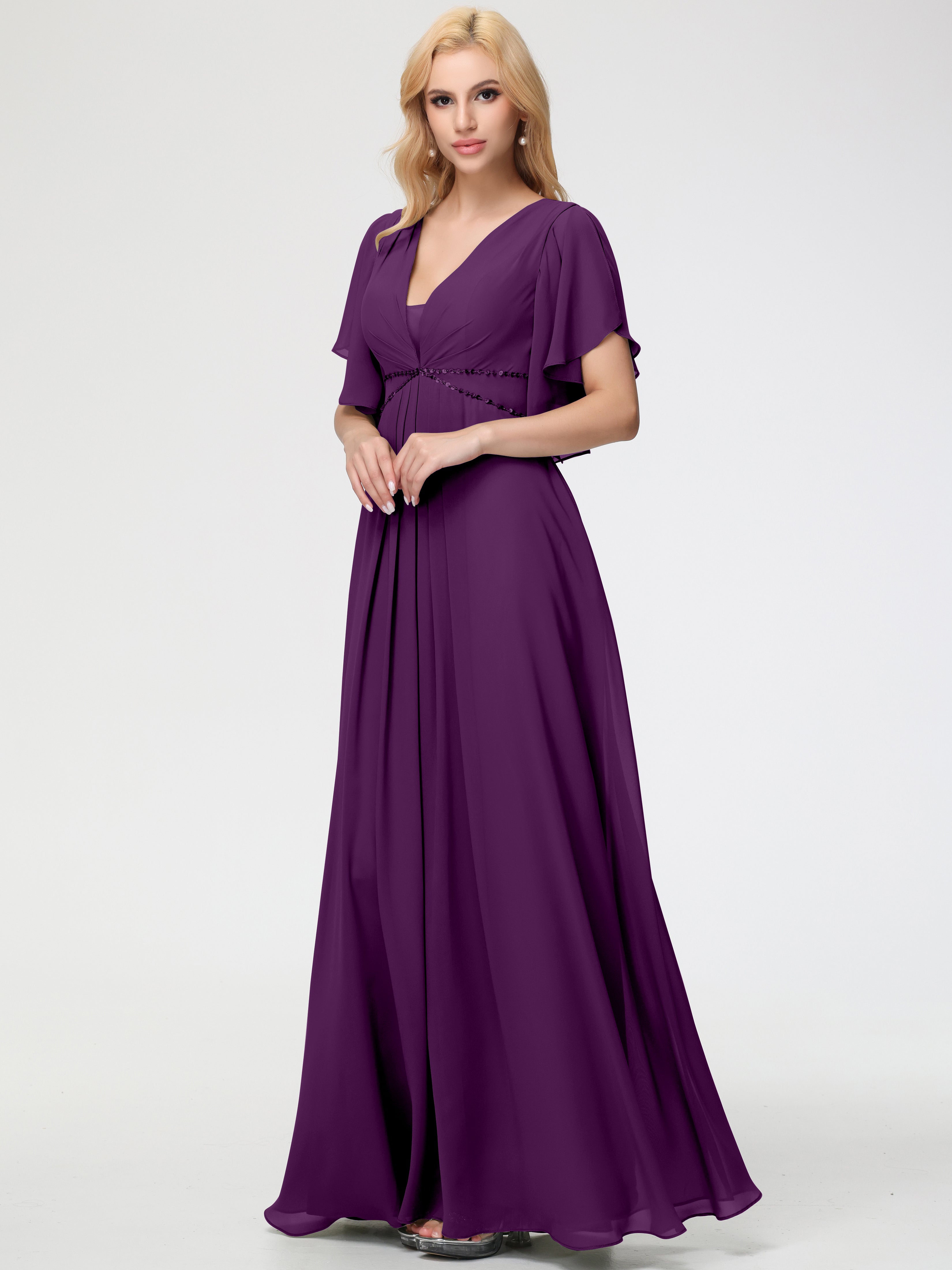 Grape Bridesmaid Dress A-Line Short Sleeves V Neck Sequined Empire Waist Long Chiffon Bridesmaid Dresses