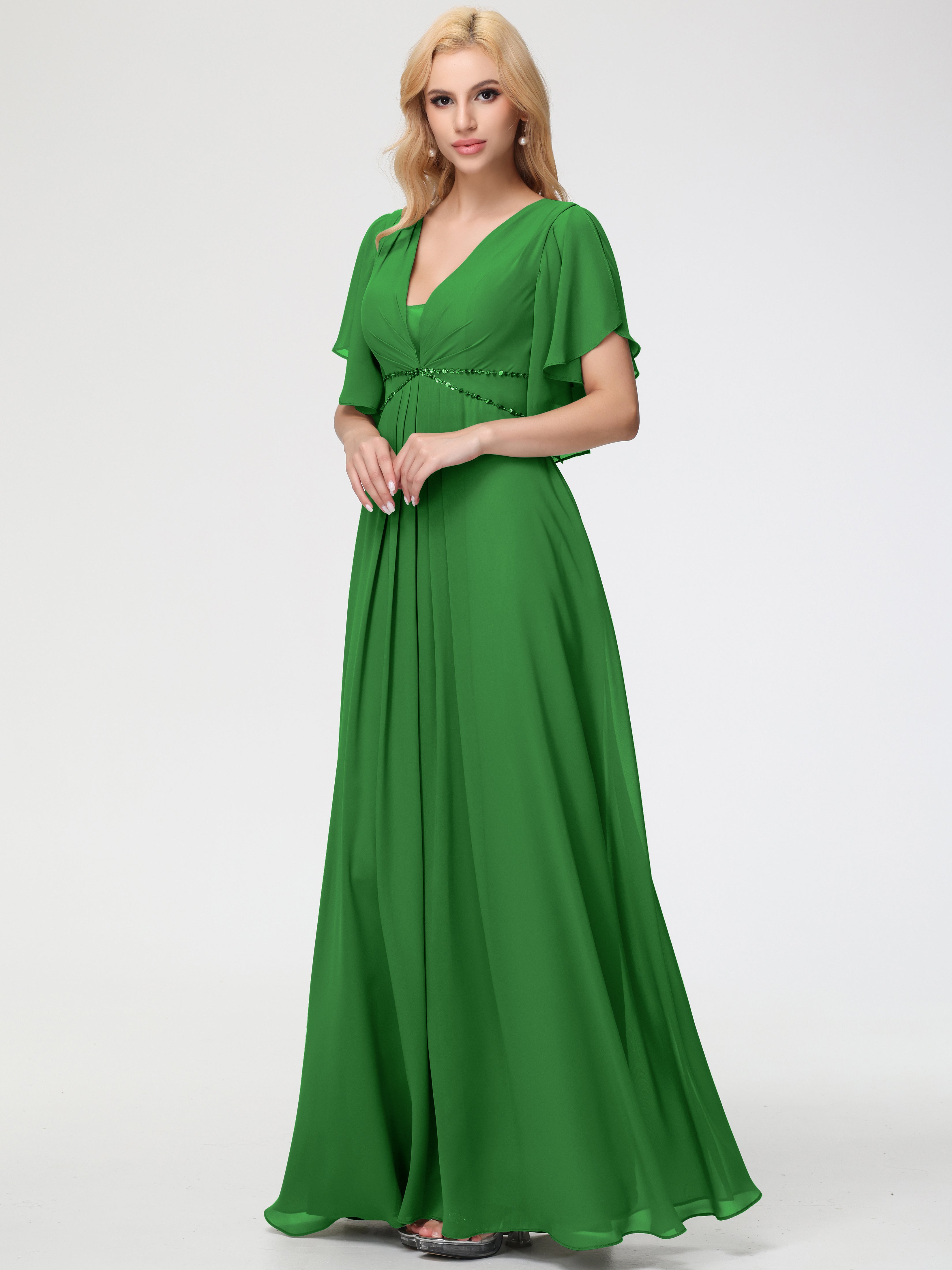 Green Bridesmaid Dresses A-Line Short Sleeves V Neck Sequined Empire Waist Long Chiffon Bridesmaid Dresses