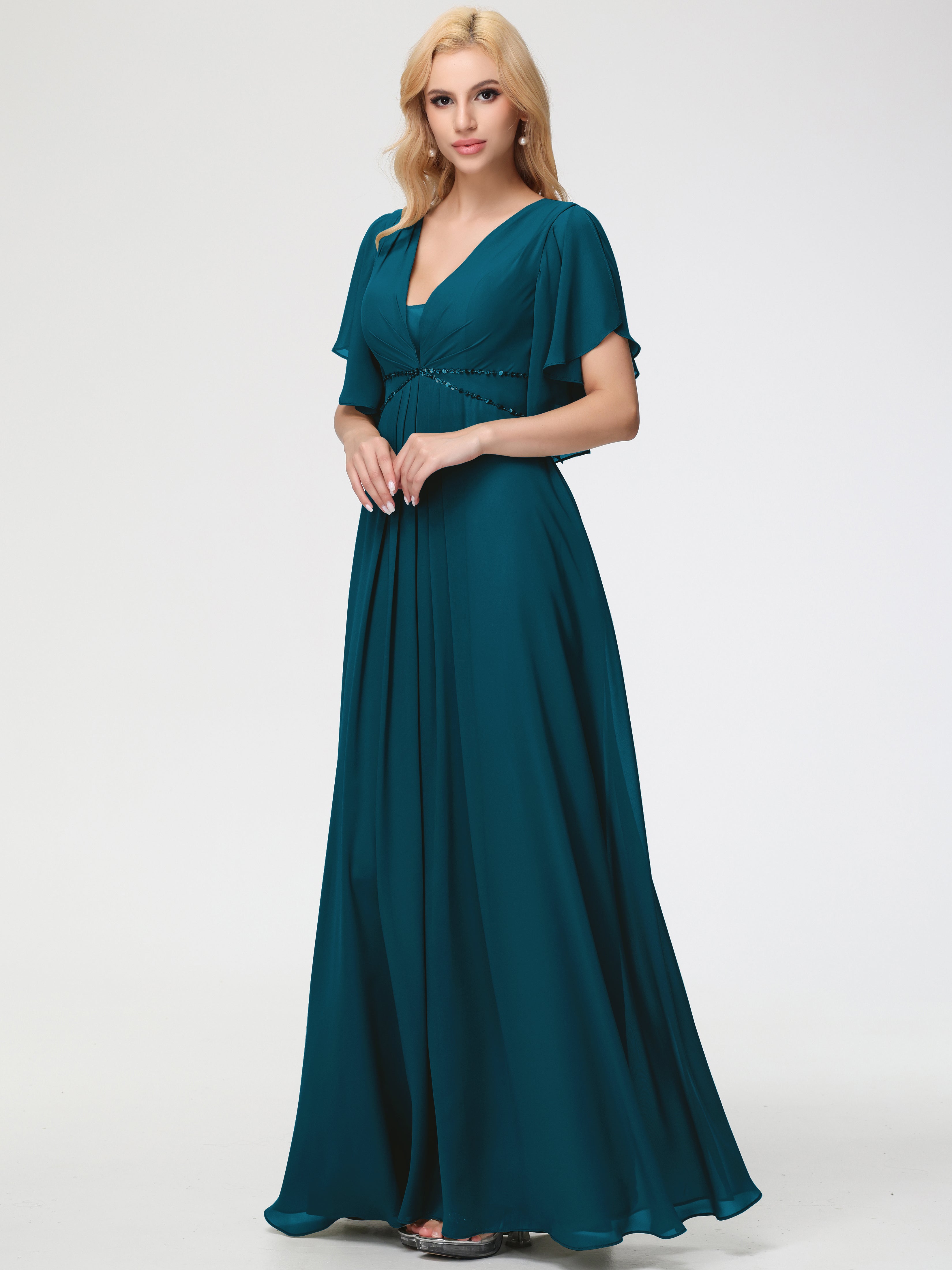 Bridesmaid Dresses Ink Blue A-Line Short Sleeves V Neck Sequined Empire Waist Long Chiffon Bridesmaid Dresses