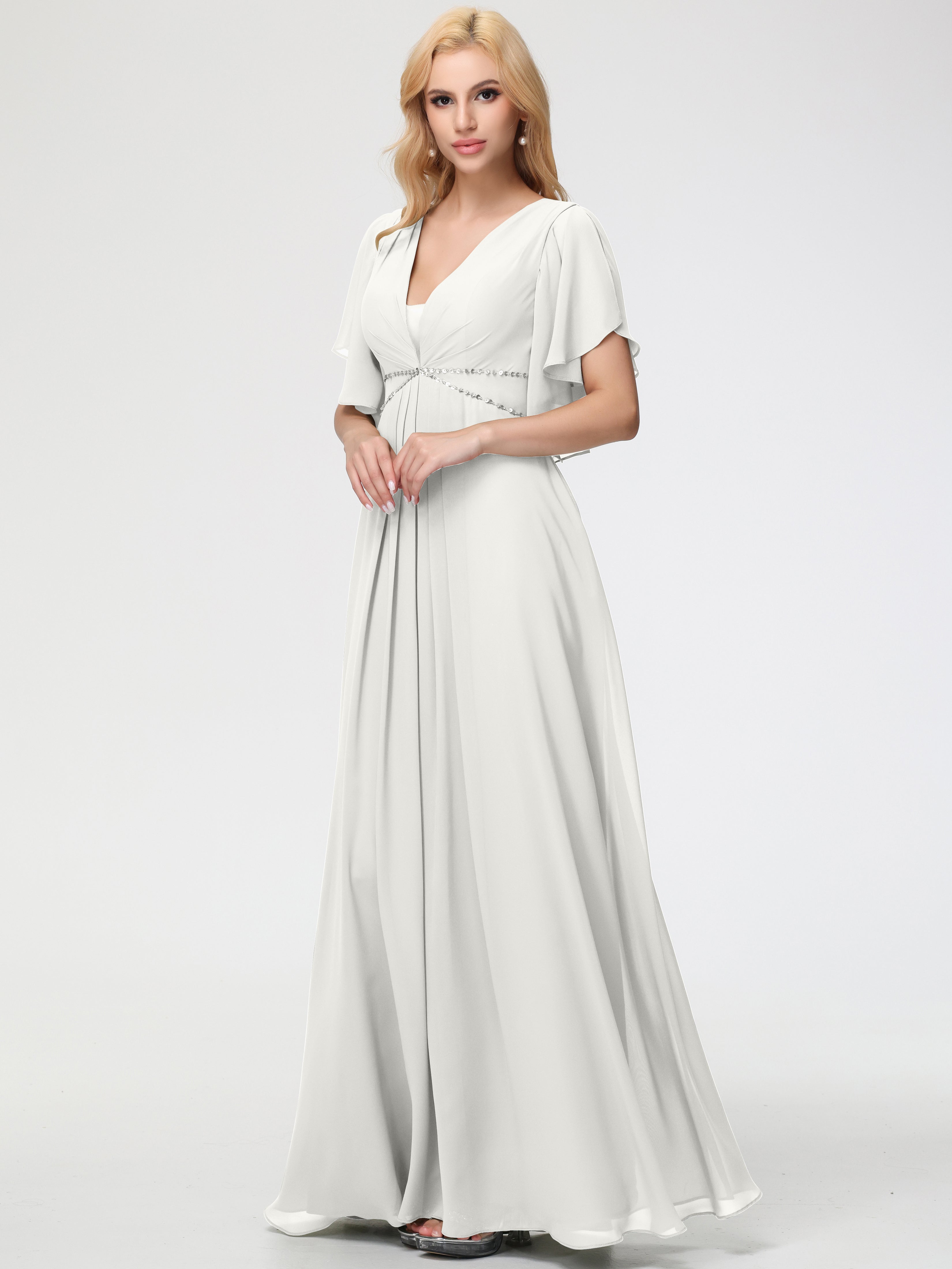 Ivory Bridesmaid Dresses A-Line Short Sleeves V Neck Sequined Empire Waist Long Chiffon Bridesmaid Dresses