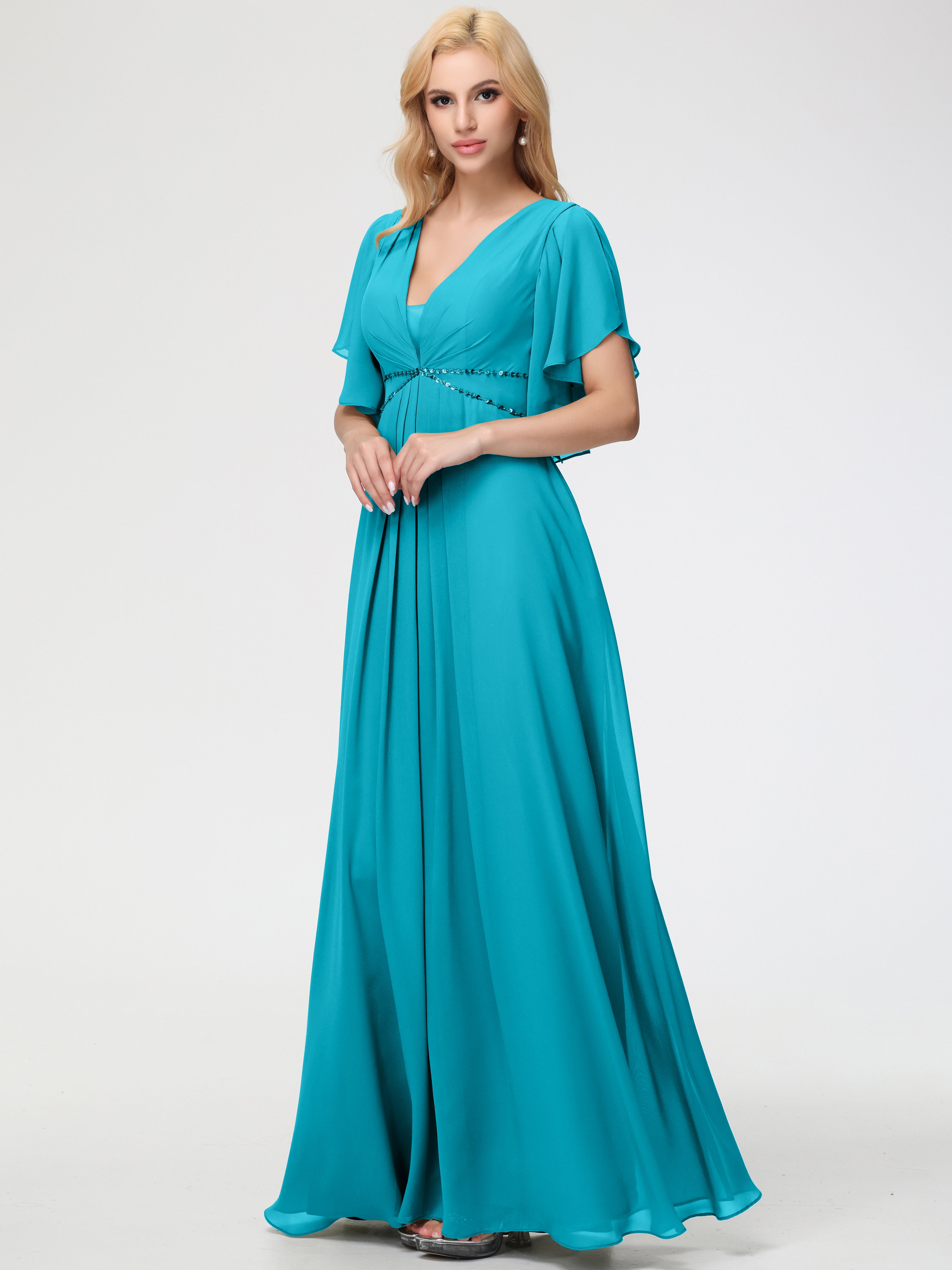 Jade Bridesmaid Dress A-Line Short Sleeves V Neck Sequined Empire Waist Long Chiffon Bridesmaid Dresses