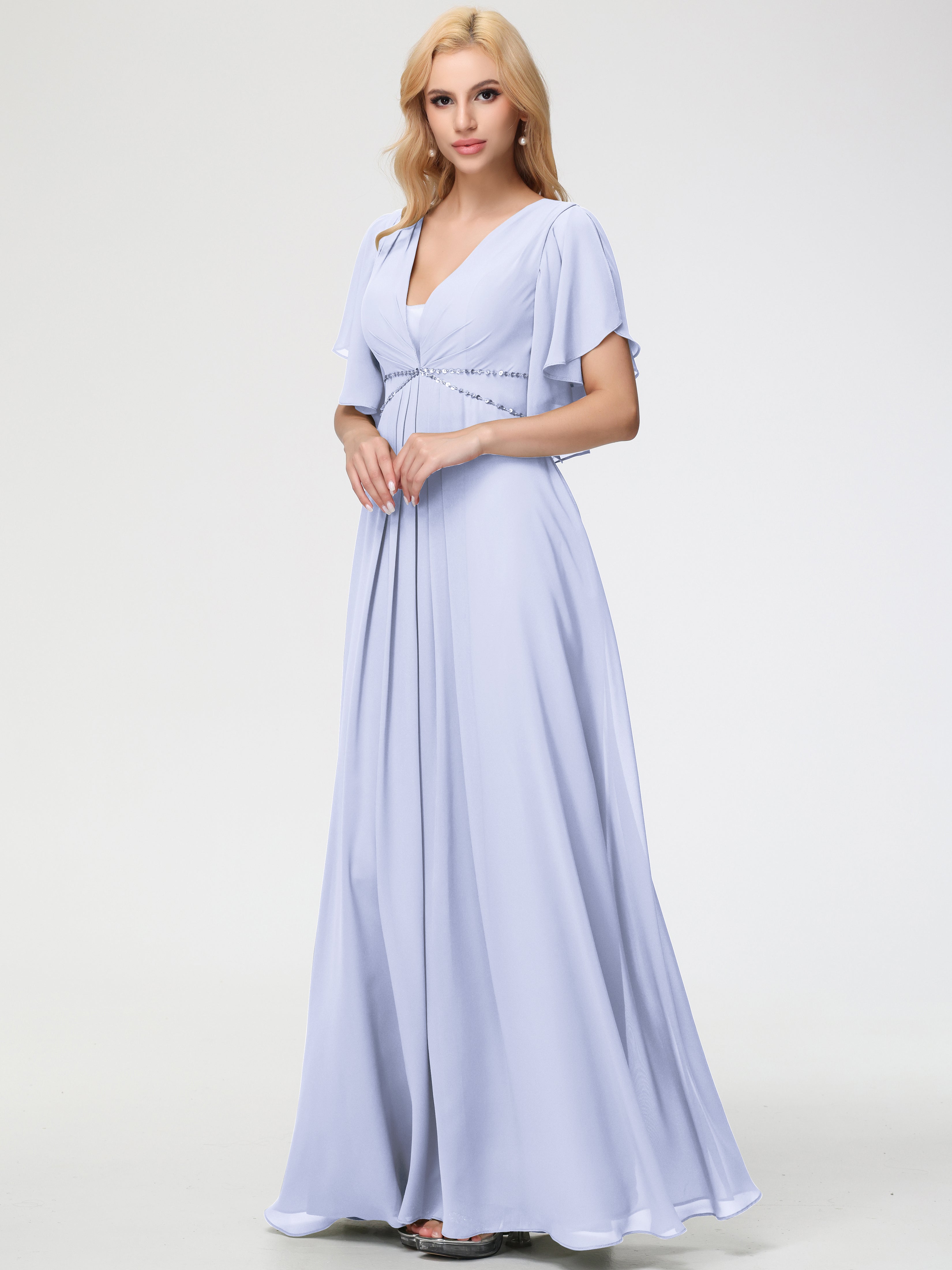 Bridesmaid Dresses Lavender A-Line Short Sleeves V Neck Sequined Empire Waist Long Chiffon Bridesmaid Dresses