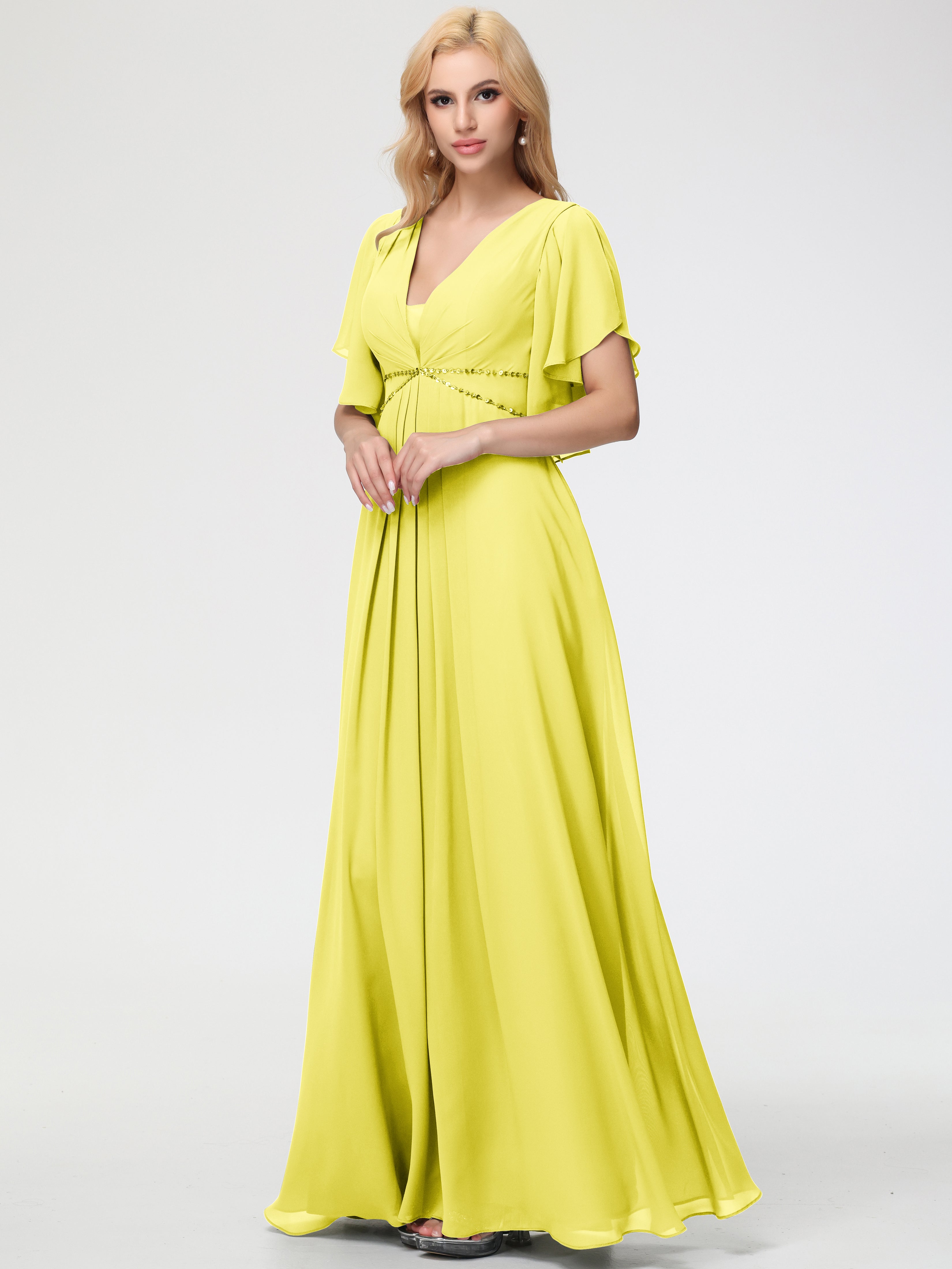 Lemon Bridesmaid Dresses A-Line Short Sleeves V Neck Sequined Empire Waist Long Chiffon Bridesmaid Dresses