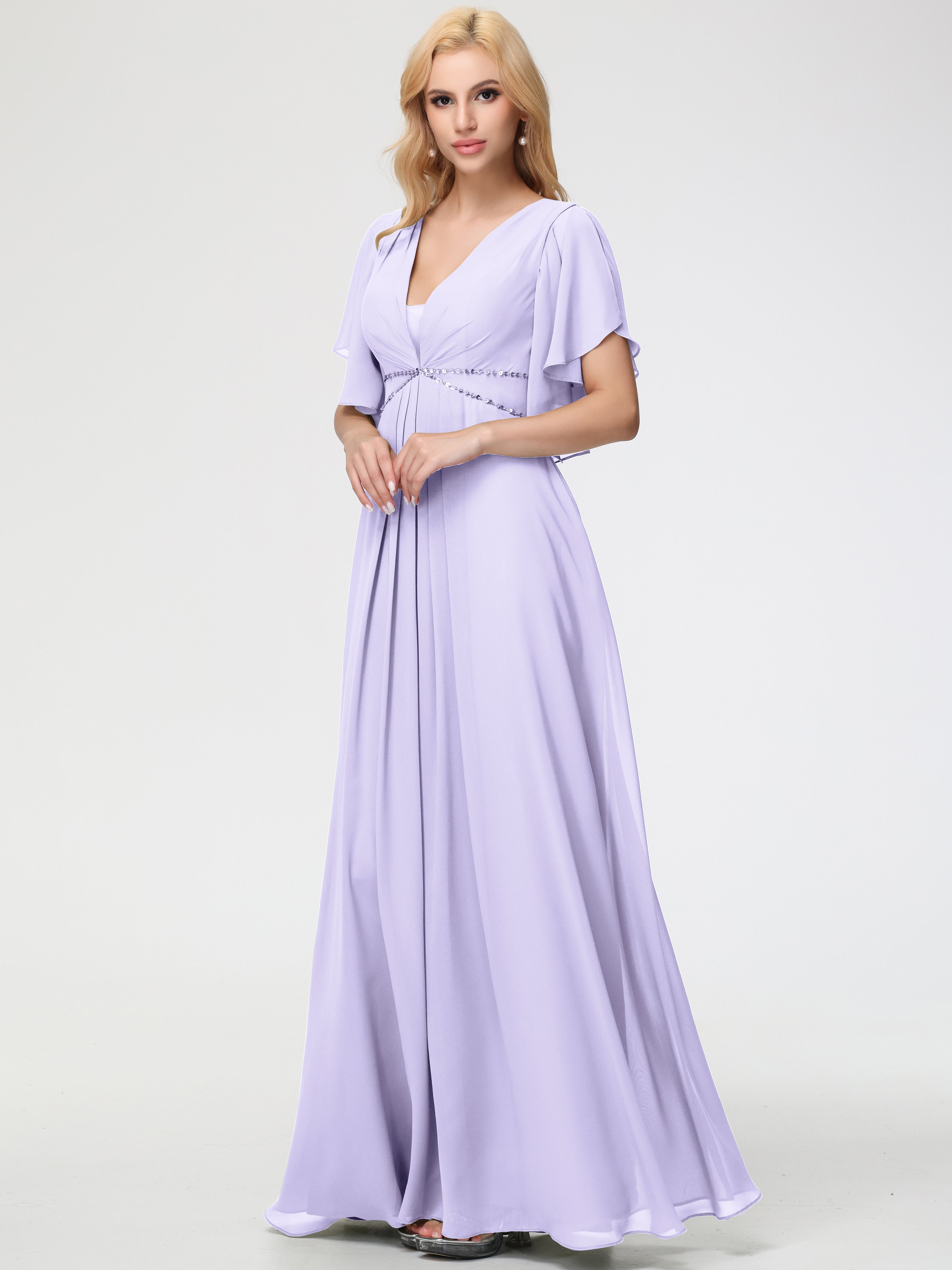 Lilac Bridesmaids Dresses A-Line Short Sleeves V Neck Sequined Empire Waist Long Chiffon Bridesmaid Dresses