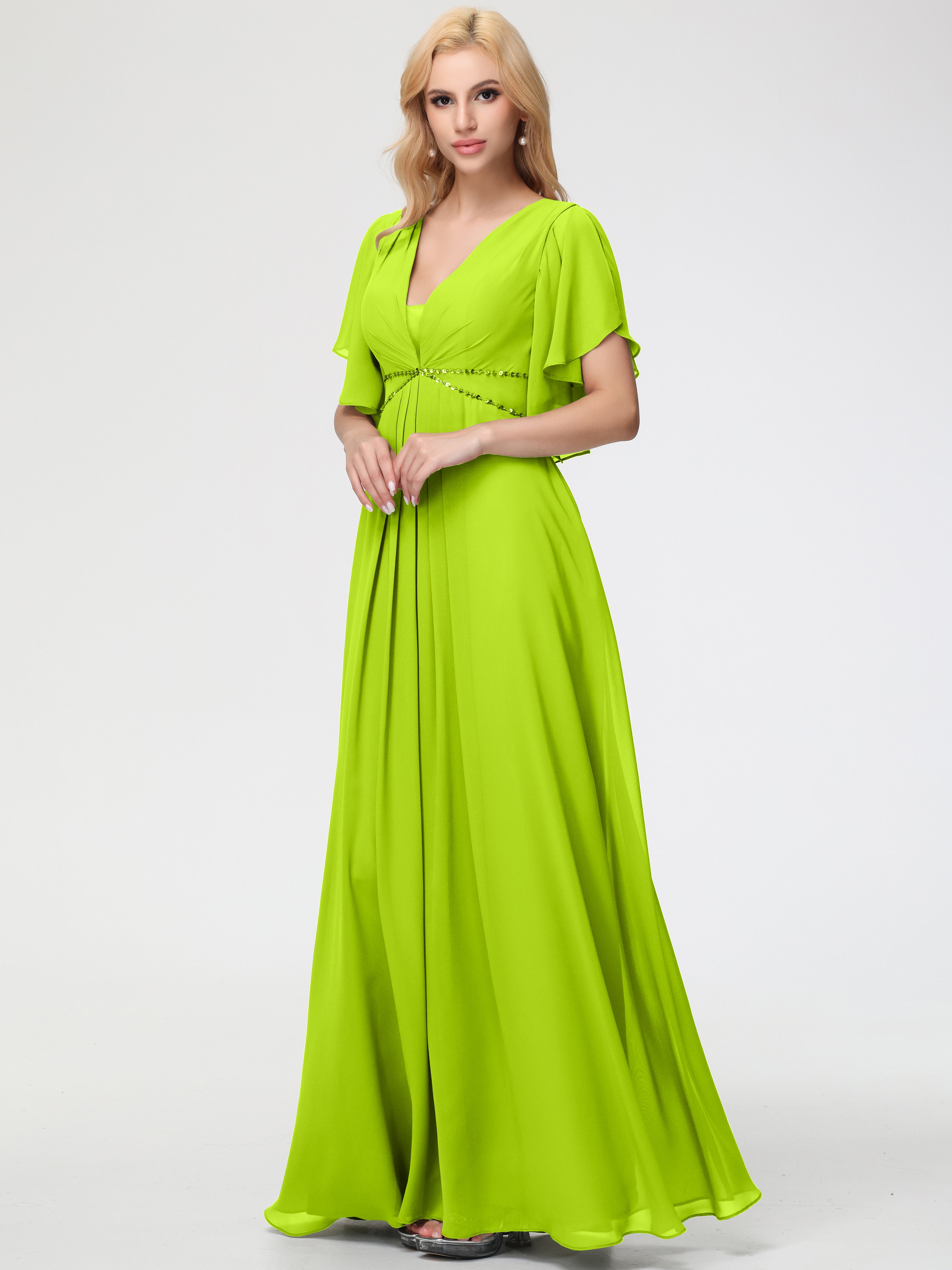 Bridesmaid Dresses Lime Green A-Line Short Sleeves V Neck Sequined Empire Waist Long Chiffon Bridesmaid Dresses