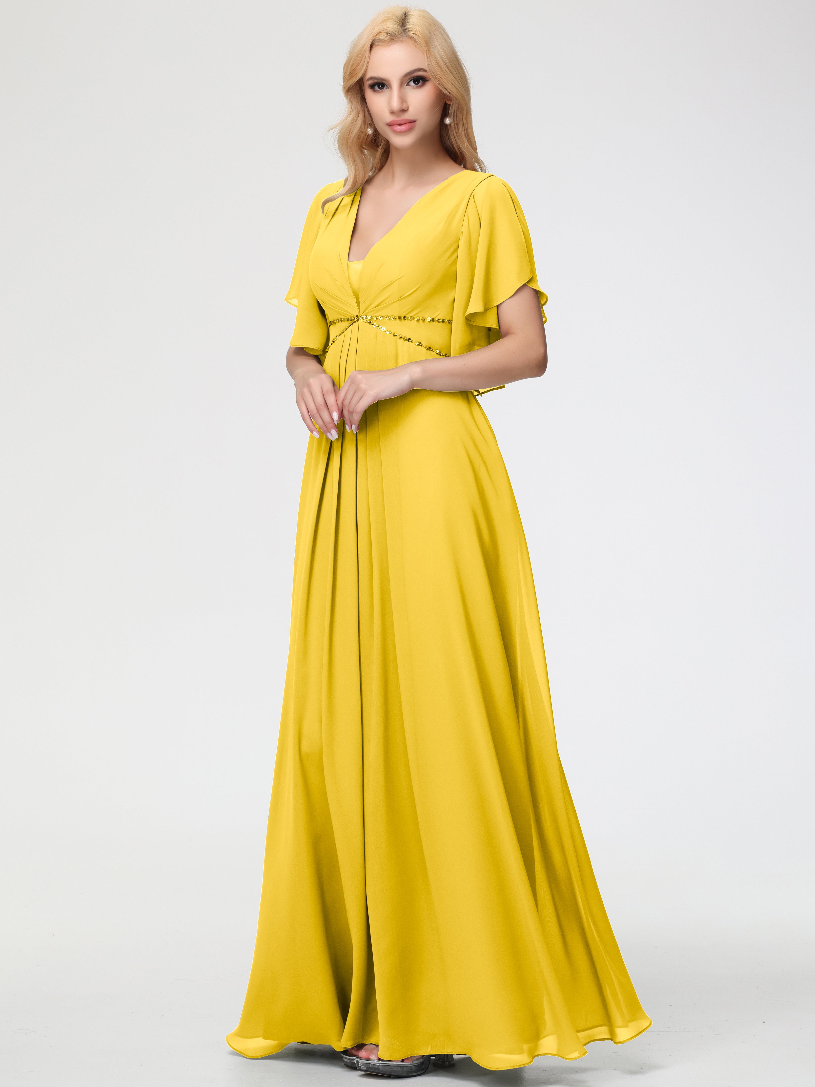 Marigold Yellow Bridesmaid Dresses A-Line Short Sleeves V Neck Sequined Empire Waist Long Chiffon Bridesmaid Dresses