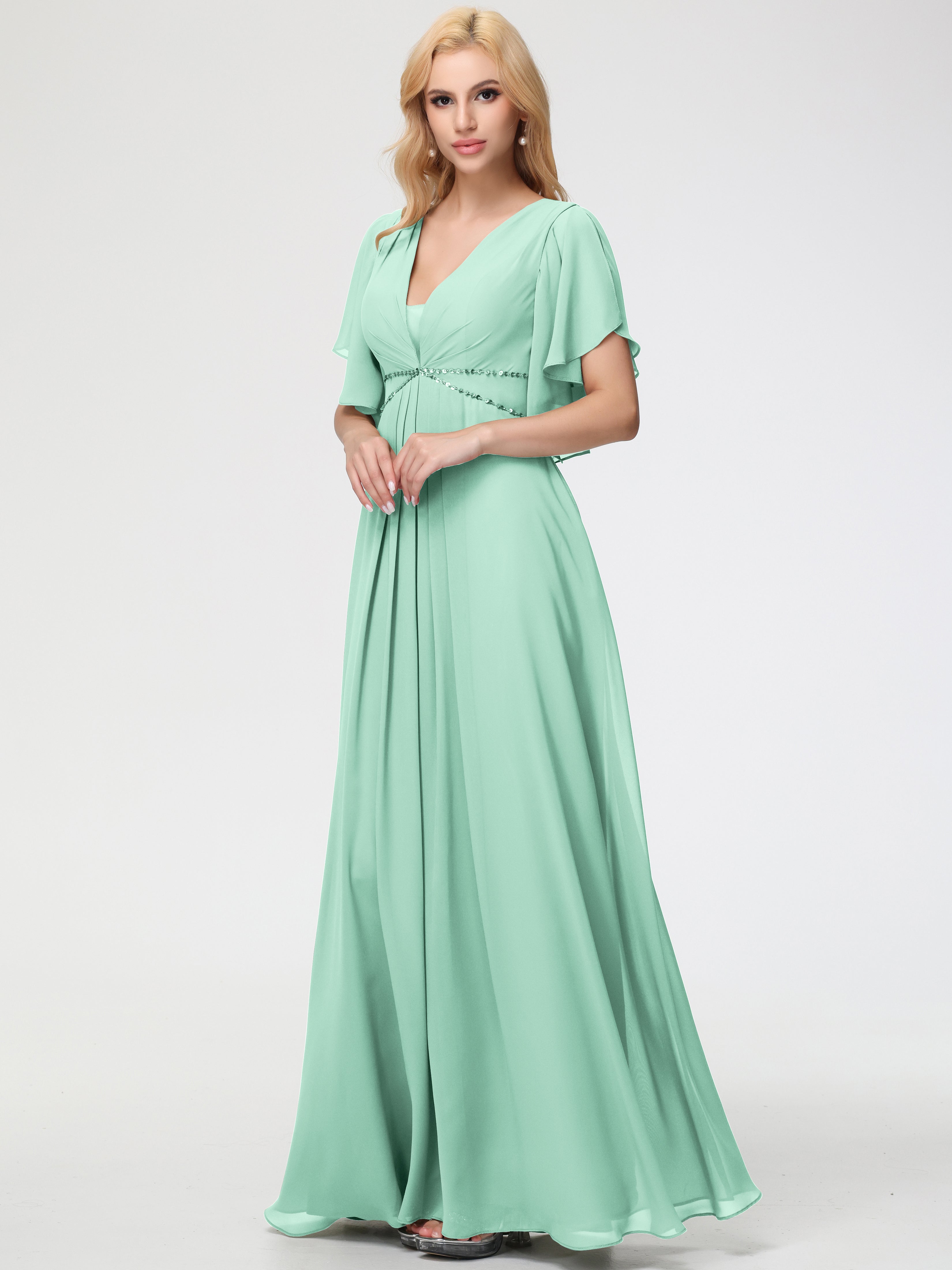 Girls Mint Green Bridesmaid Dress A-Line Short Sleeves V Neck Sequined Empire Waist Long Chiffon Bridesmaid Dresses