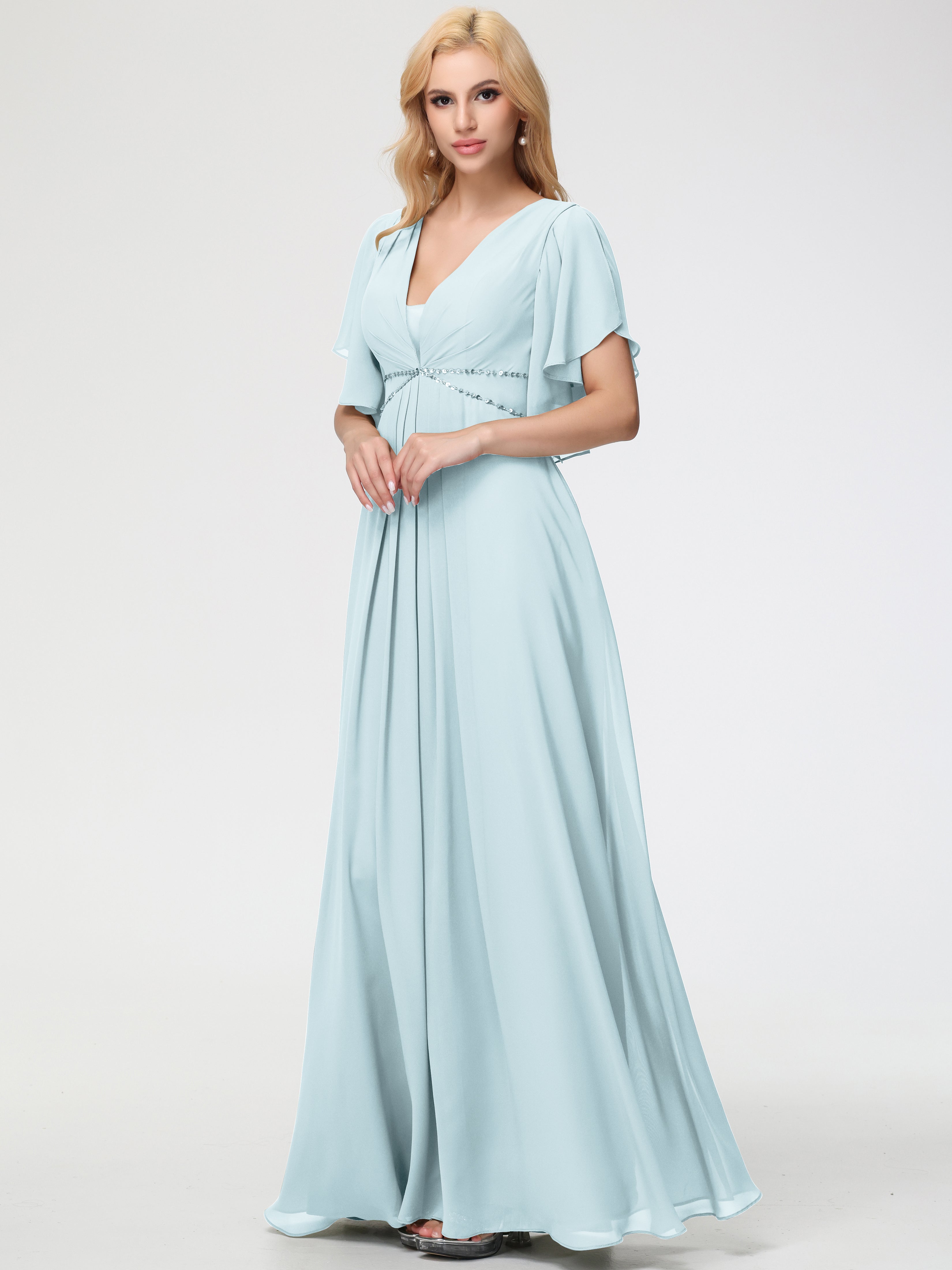 Mist Blue Bridesmaid Dress A-Line Short Sleeves V Neck Sequined Empire Waist Long Chiffon Bridesmaid Dresses