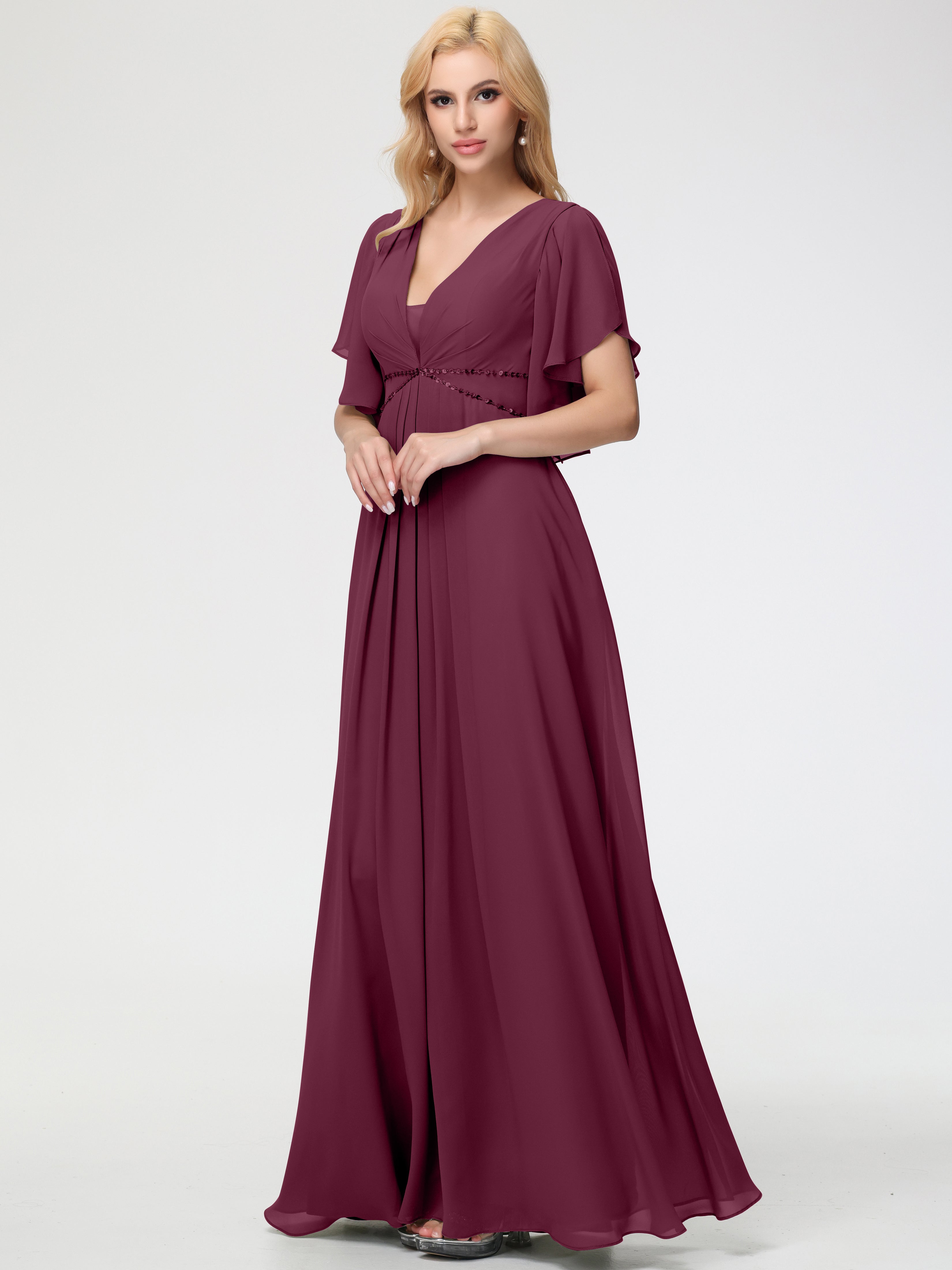 Bridesmaid Dresses Mulberry A-Line Short Sleeves V Neck Sequined Empire Waist Long Chiffon Bridesmaid Dresses