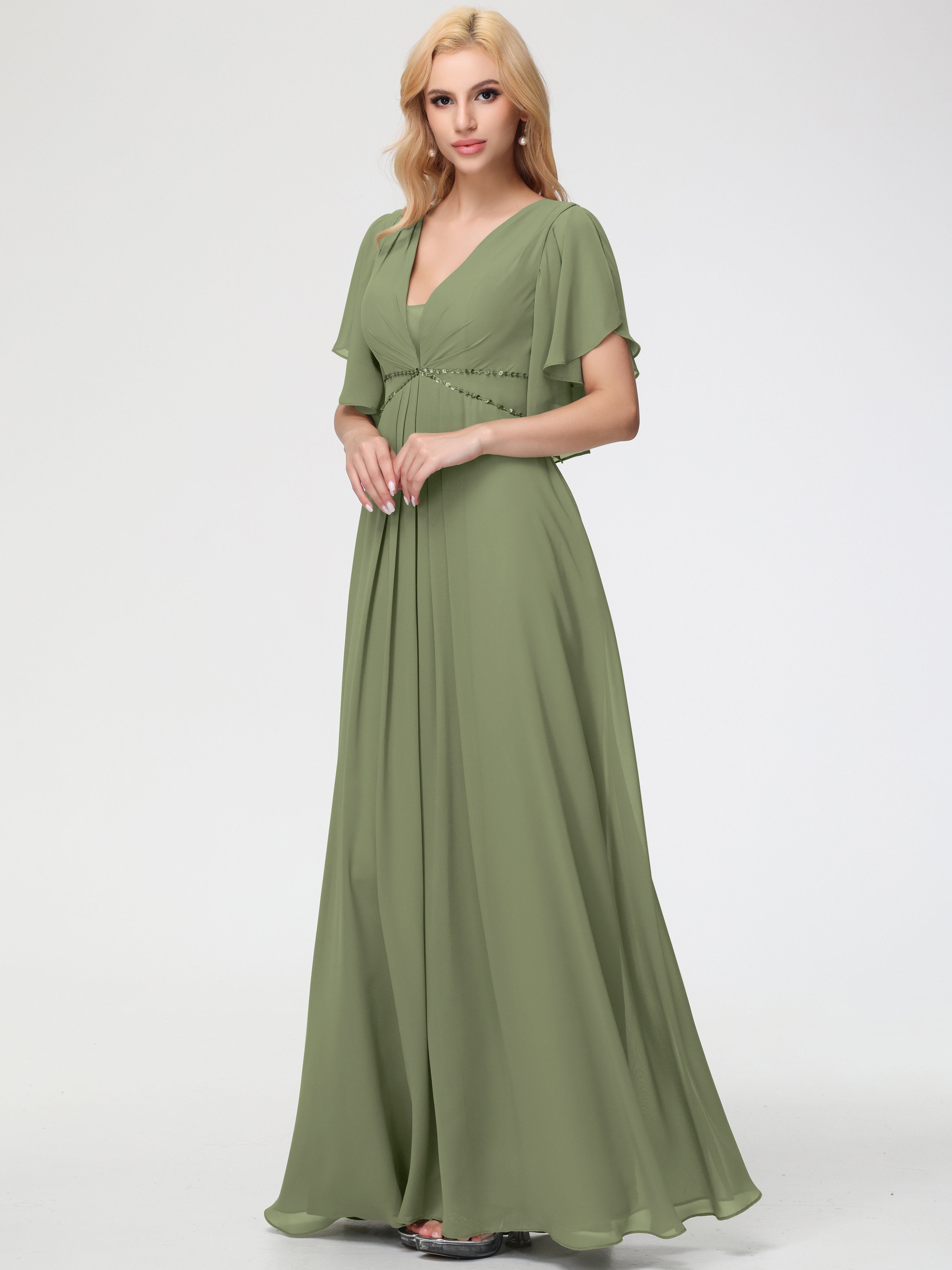 Bridesmaid Dresses Olive Green A-Line Short Sleeves V Neck Sequined Empire Waist Long Chiffon Bridesmaid Dresses