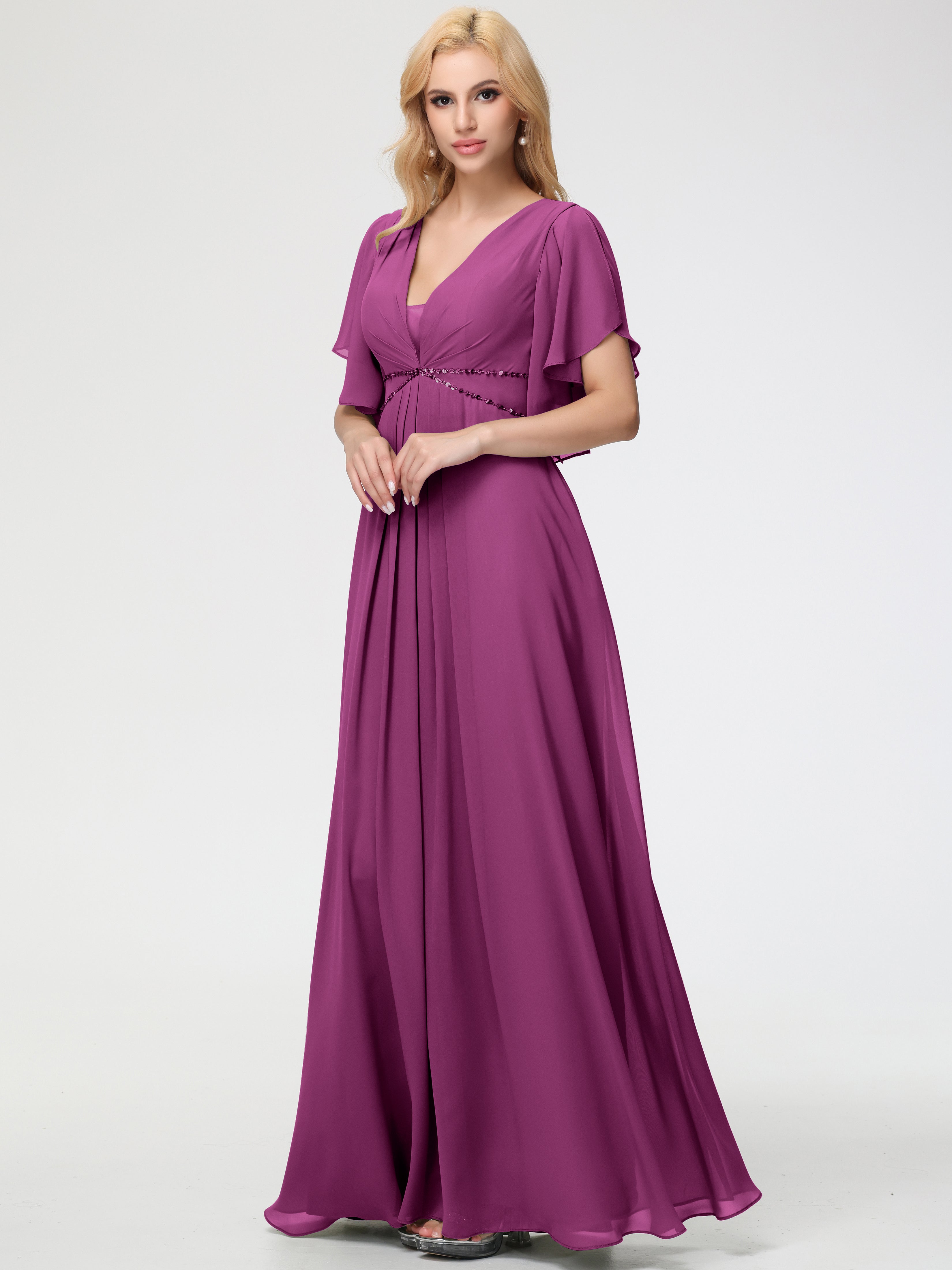 Orchid Purple Bridesmaid Dresses A-Line Short Sleeves V Neck Sequined Empire Waist Long Chiffon Bridesmaid Dresses