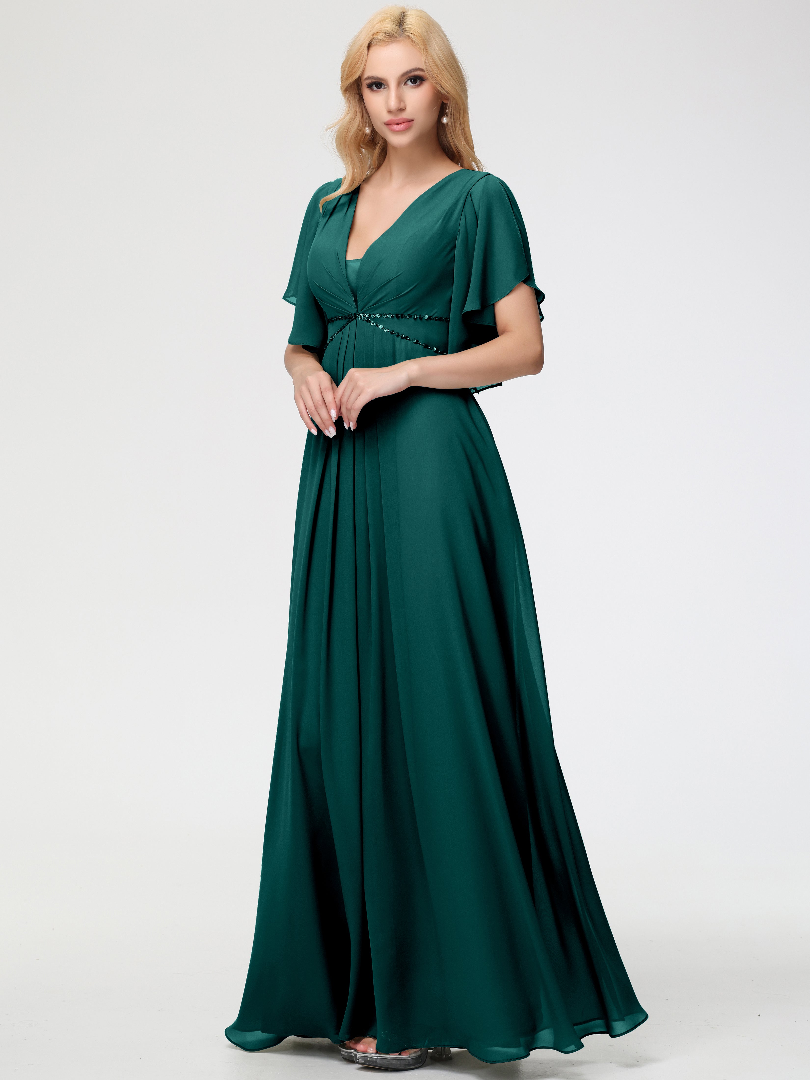 Peacock Bridesmaid Dresses A-Line Short Sleeves V Neck Sequined Empire Waist Long Chiffon Bridesmaid Dresses