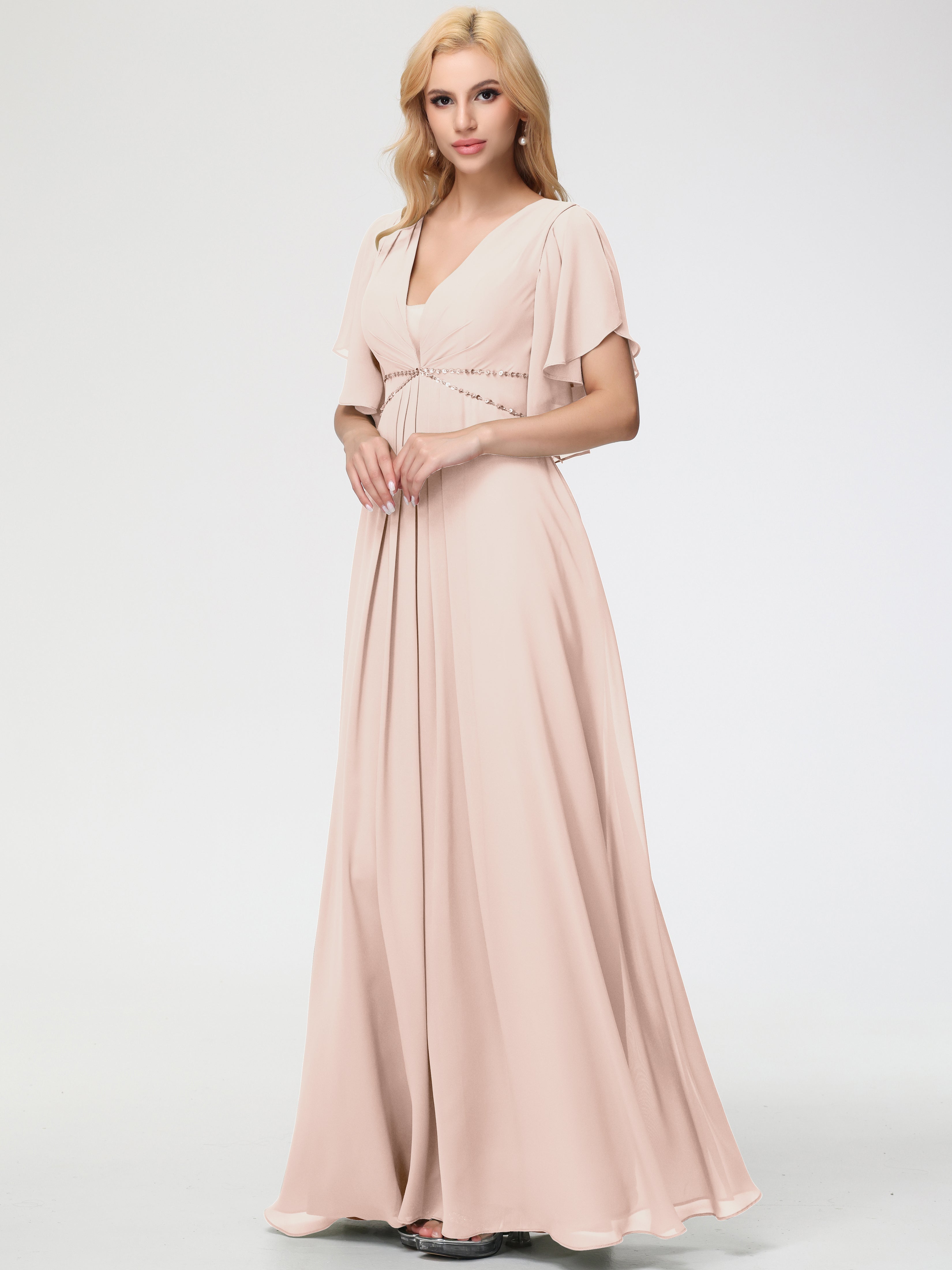 Pearl Pink Bridesmaid Dress A-Line Short Sleeves V Neck Sequined Empire Waist Long Chiffon Bridesmaid Dresses