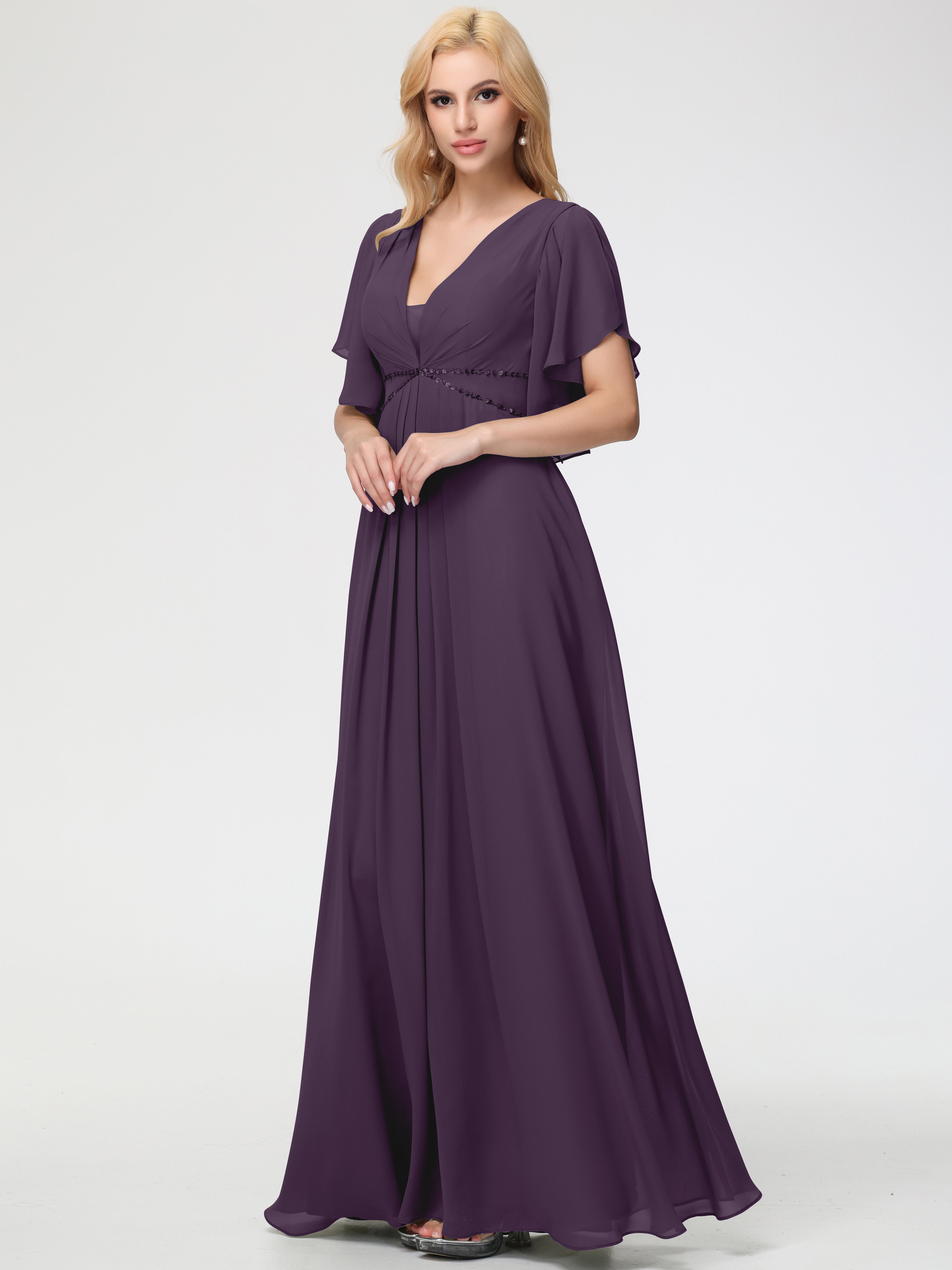 Plum Purple Bridesmaid Dresses A-Line Short Sleeves V Neck Sequined Empire Waist Long Chiffon Bridesmaid Dresses