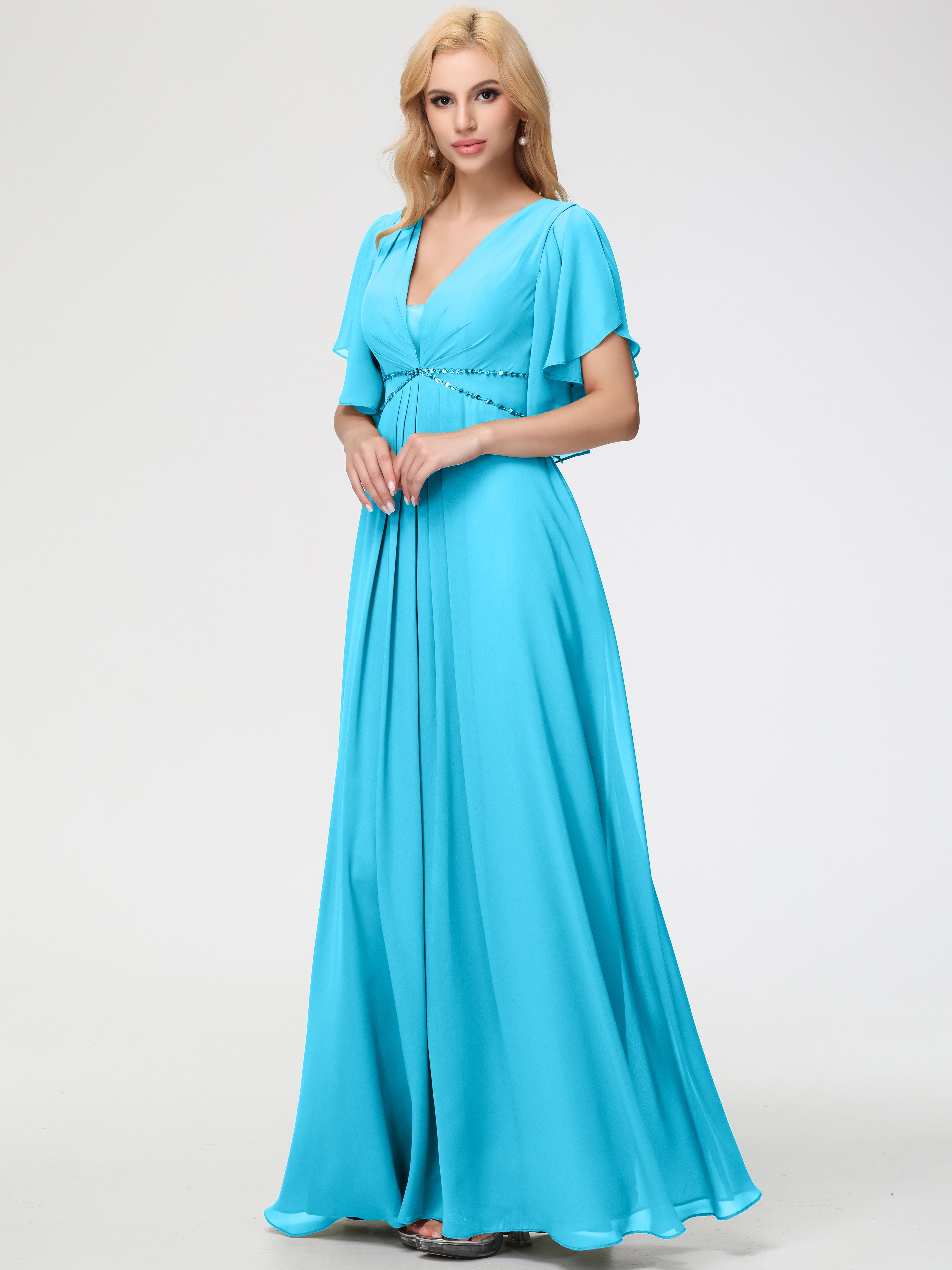 Pool Bridesmaid Dress A-Line Short Sleeves V Neck Sequined Empire Waist Long Chiffon Bridesmaid Dresses