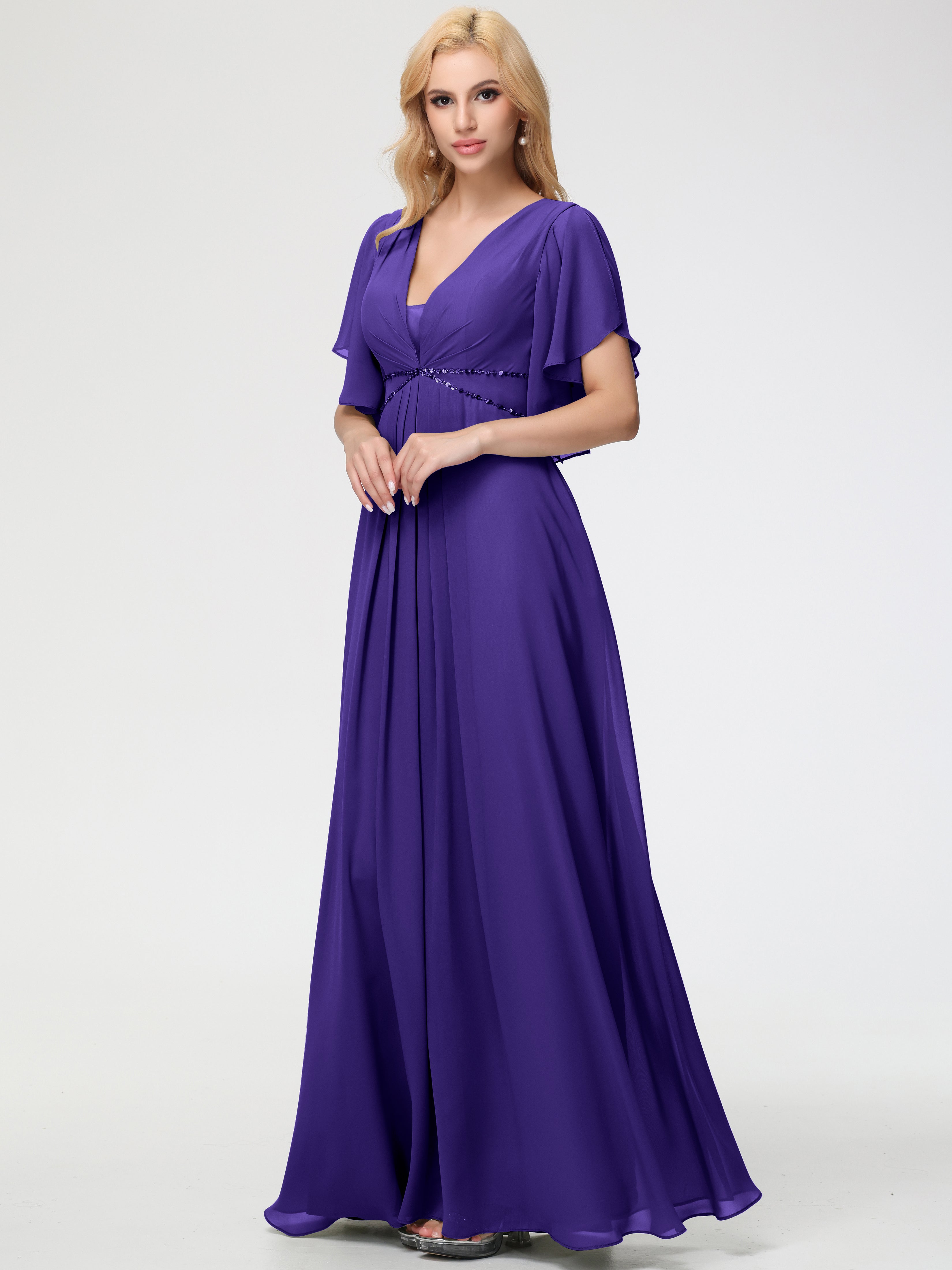 Regency Purple Bridesmaid Dress A-Line Short Sleeves V Neck Sequined Empire Waist Long Chiffon Bridesmaid Dresses