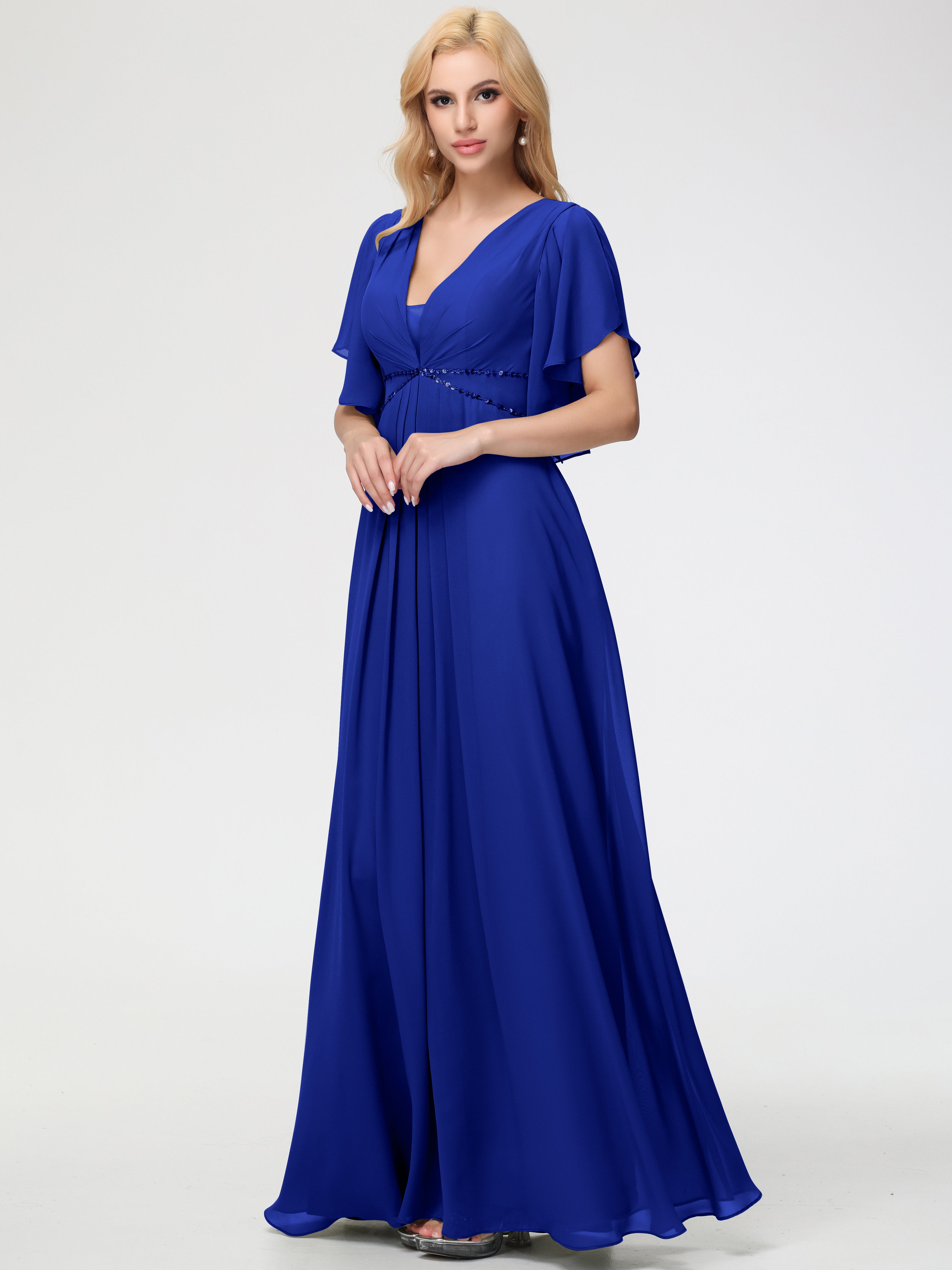 Royal Blue Bridesmaid Dress A-Line Short Sleeves V Neck Sequined Empire Waist Long Chiffon Bridesmaid Dresses