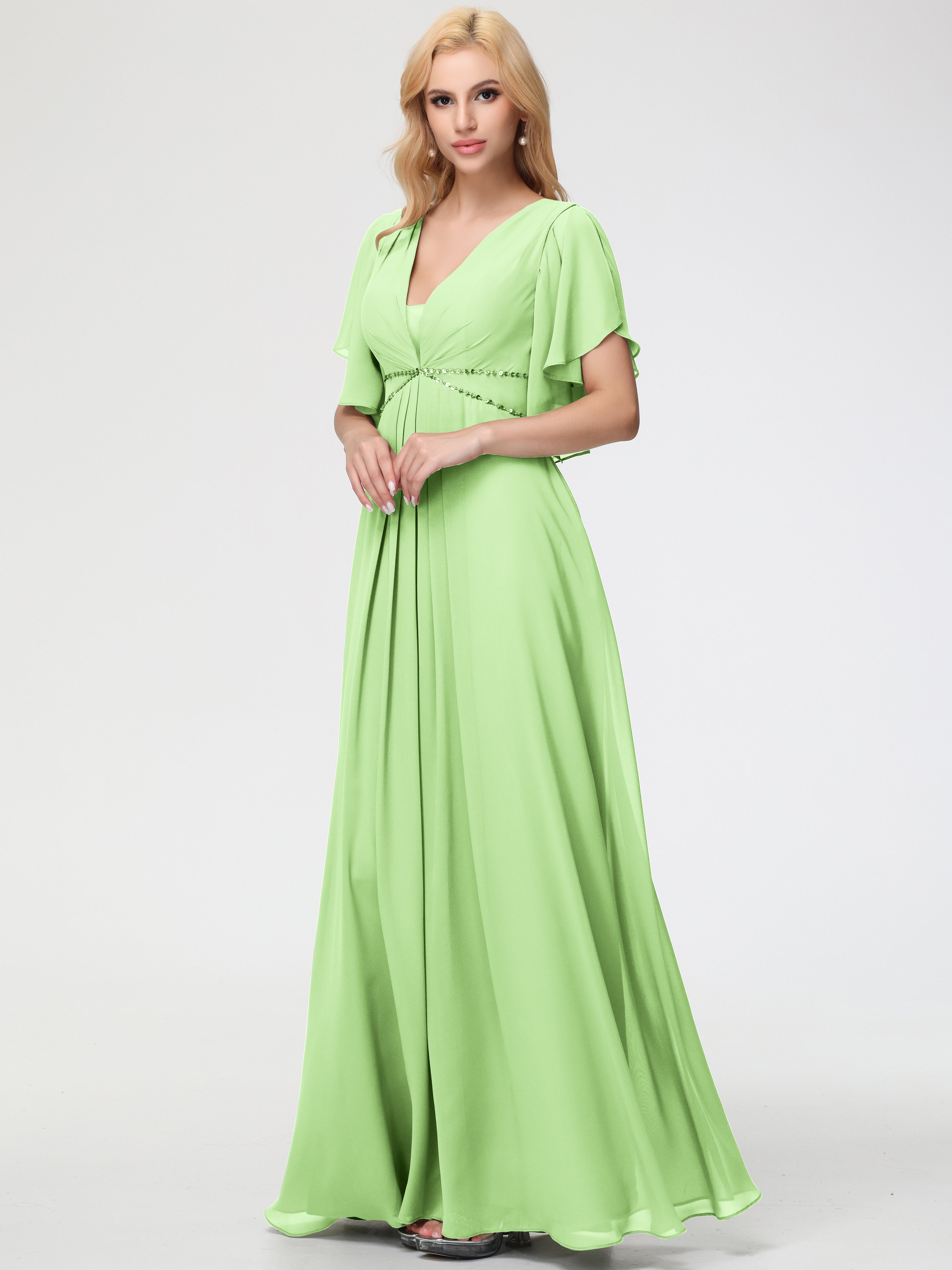 Chiffon Sage Green Bridesmaid Dresses A-Line Short Sleeves V Neck Sequined Empire Waist Long Chiffon Bridesmaid Dresses