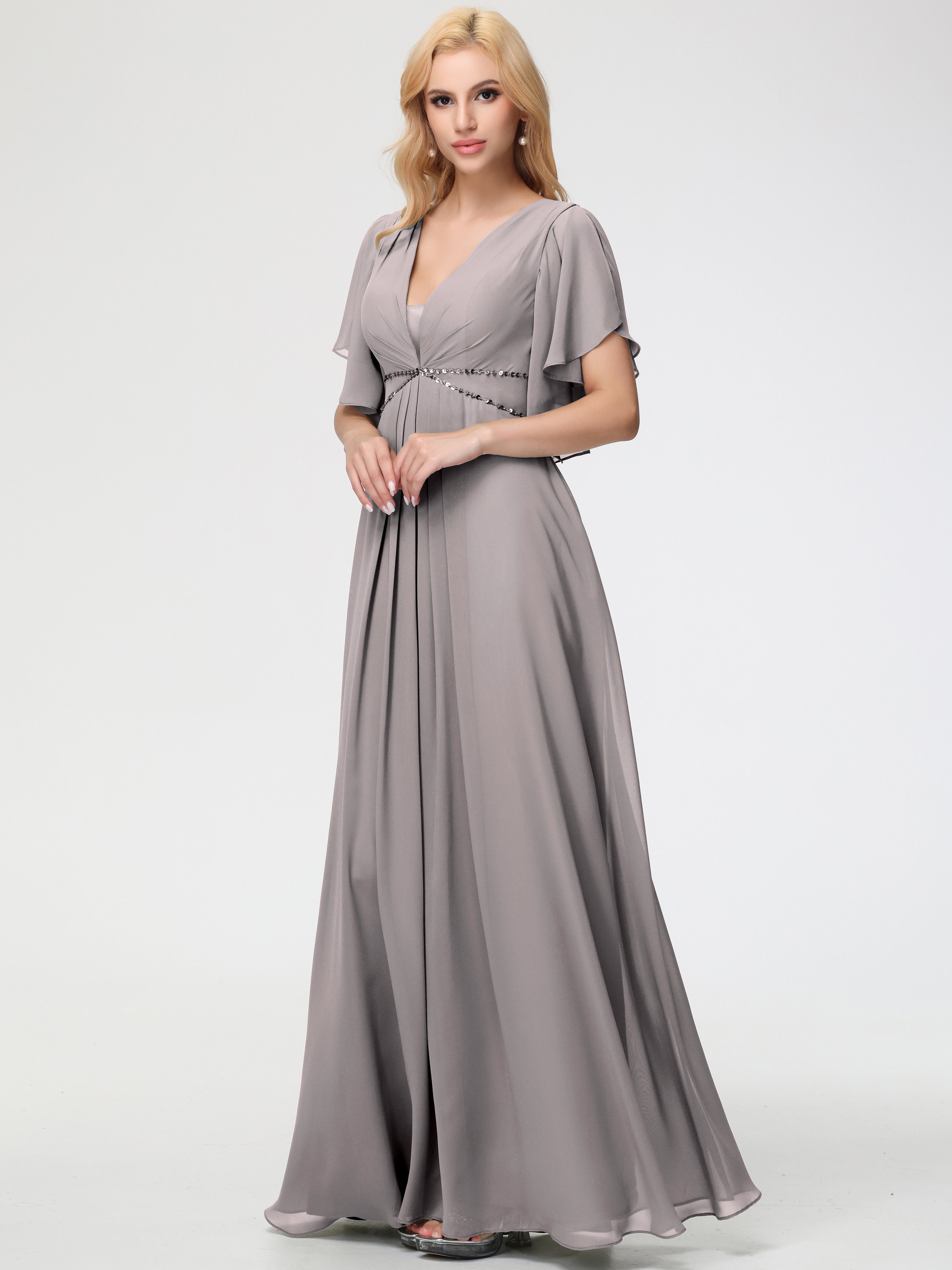 Silver Grey Bridesmaid Dresses A-Line Short Sleeves V Neck Sequined Empire Waist Long Chiffon Bridesmaid Dresses