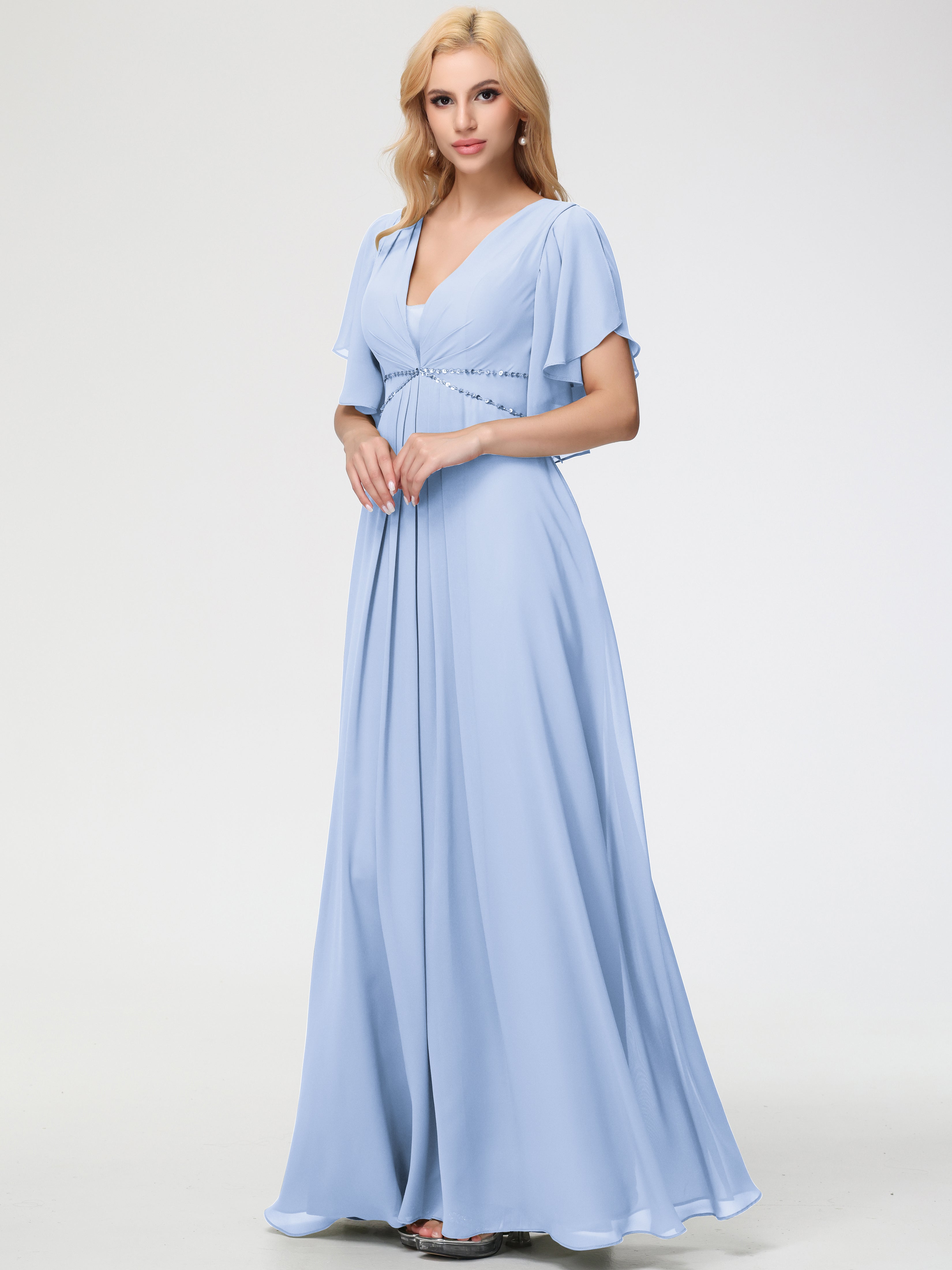 Sky Blue Bridesmaid Dress A-Line Short Sleeves V Neck Sequined Empire Waist Long Chiffon Bridesmaid Dresses