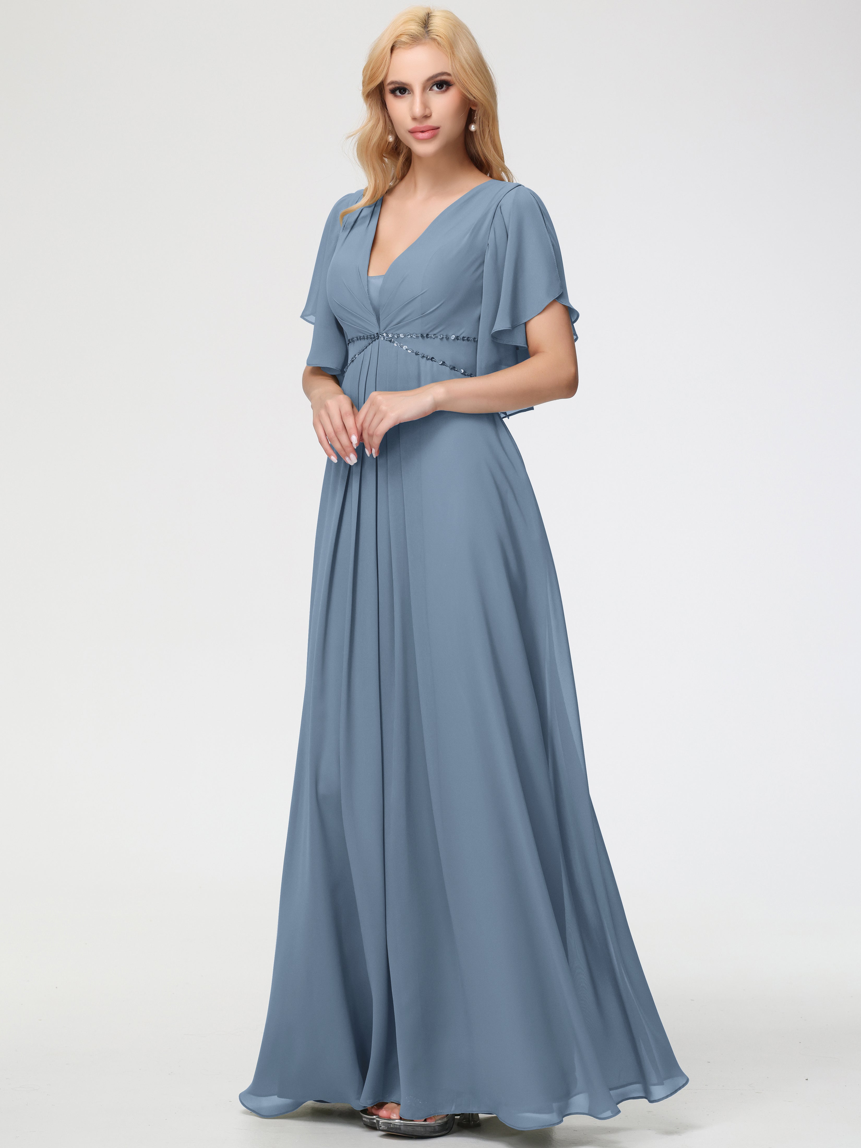 Slate Blue Bridesmaid Dress A-Line Short Sleeves V Neck Sequined Empire Waist Long Chiffon Bridesmaid Dresses