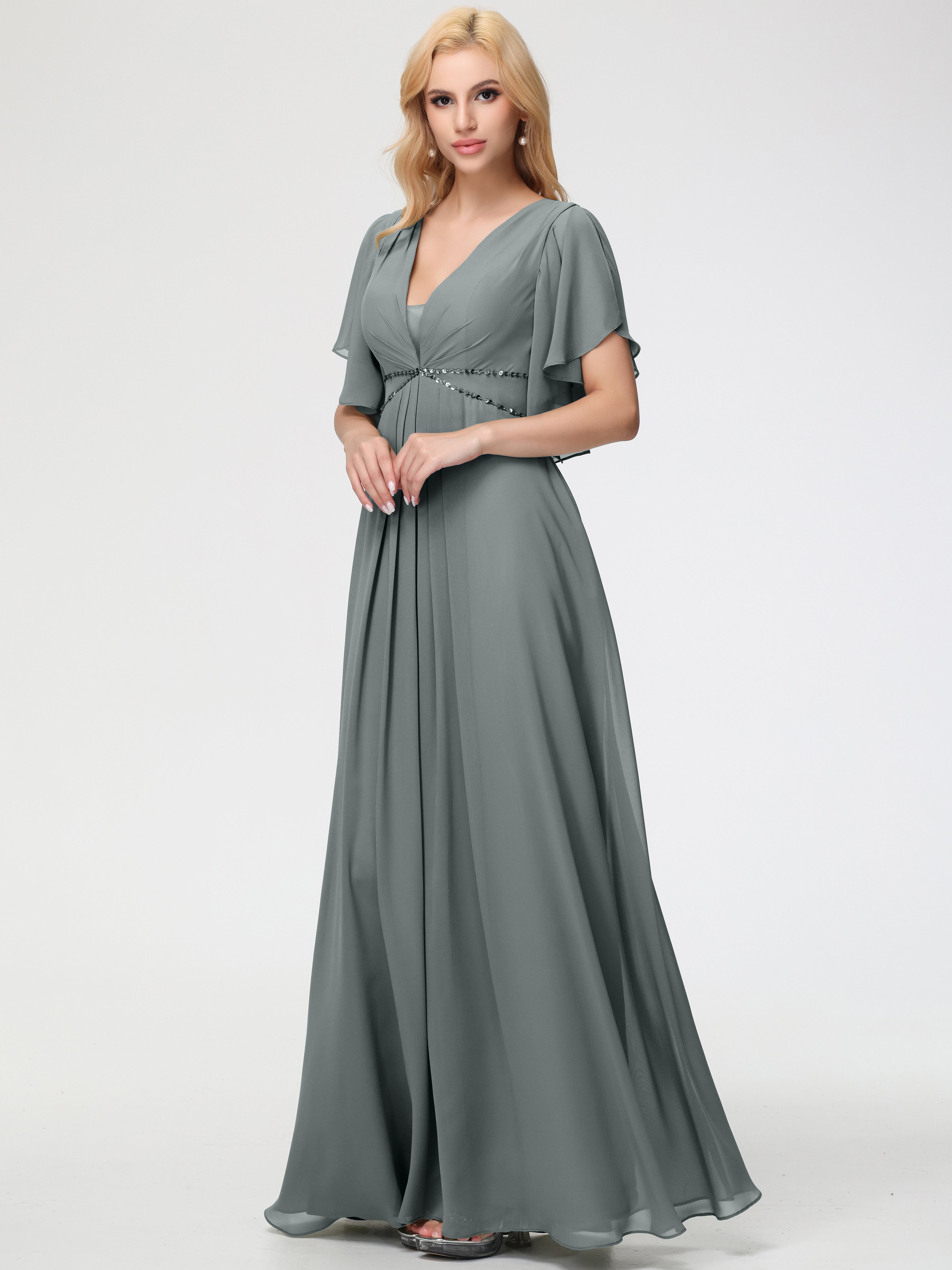 Steel Grey Bridesmaid Dresses A-Line Short Sleeves V Neck Sequined Empire Waist Long Chiffon Bridesmaid Dresses