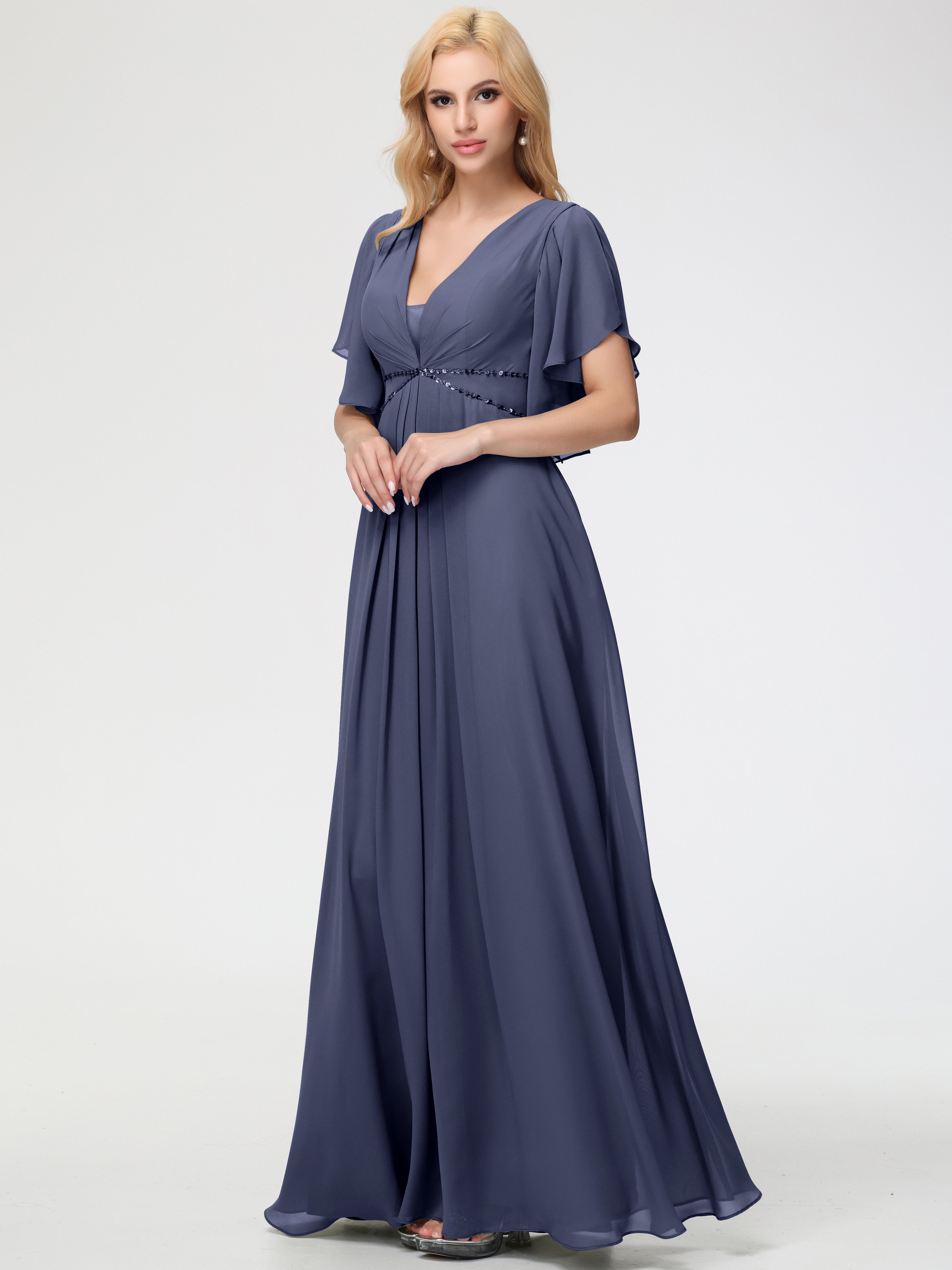 Stormy Blue Bridesmaid Dress A-Line Short Sleeves V Neck Sequined Empire Waist Long Chiffon Bridesmaid Dresses