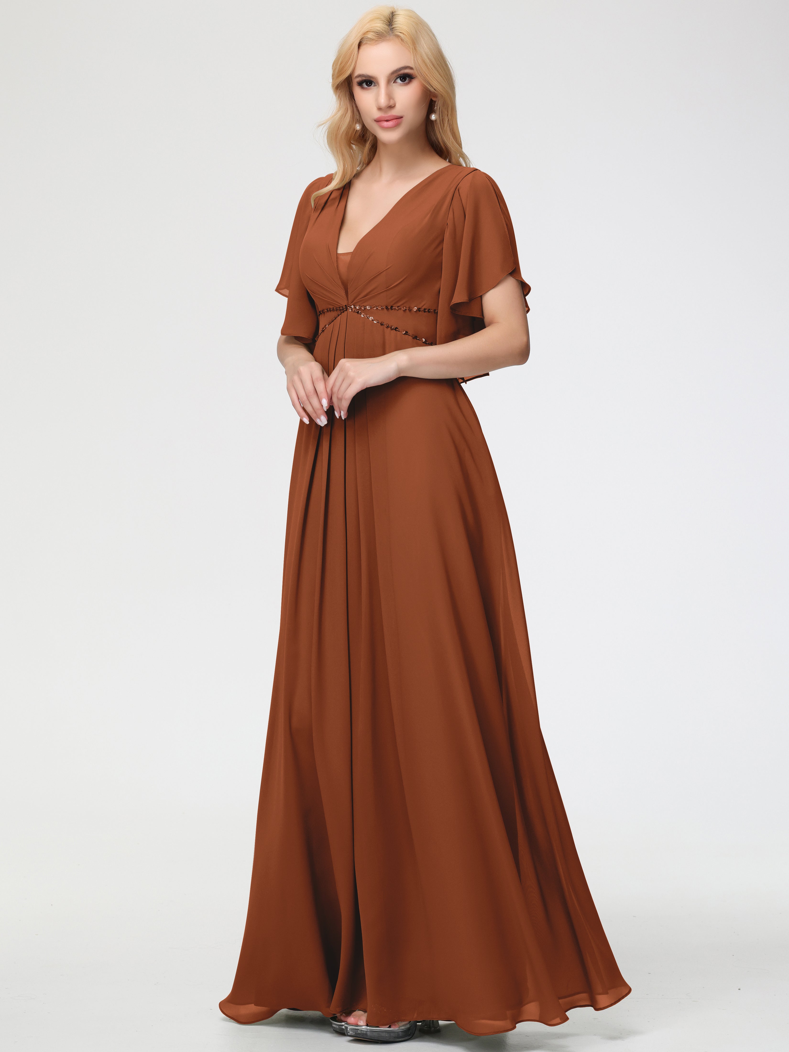 Terracotta Bridesmaid Dresses A-Line Short Sleeves V Neck Sequined Empire Waist Long Chiffon Bridesmaid Dresses