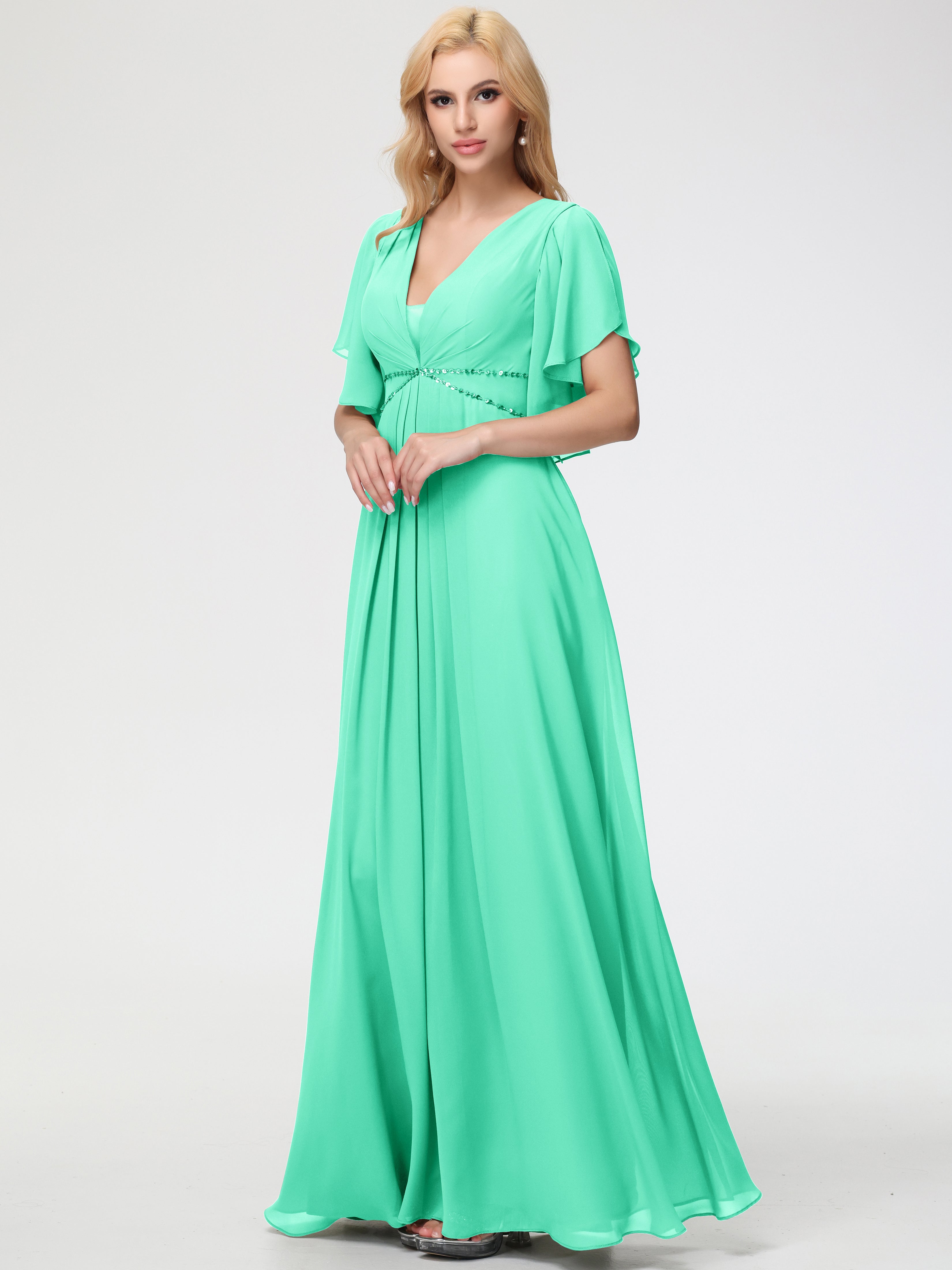 Turquoise Bridesmaid Dress A-Line Short Sleeves V Neck Sequined Empire Waist Long Chiffon Bridesmaid Dresses