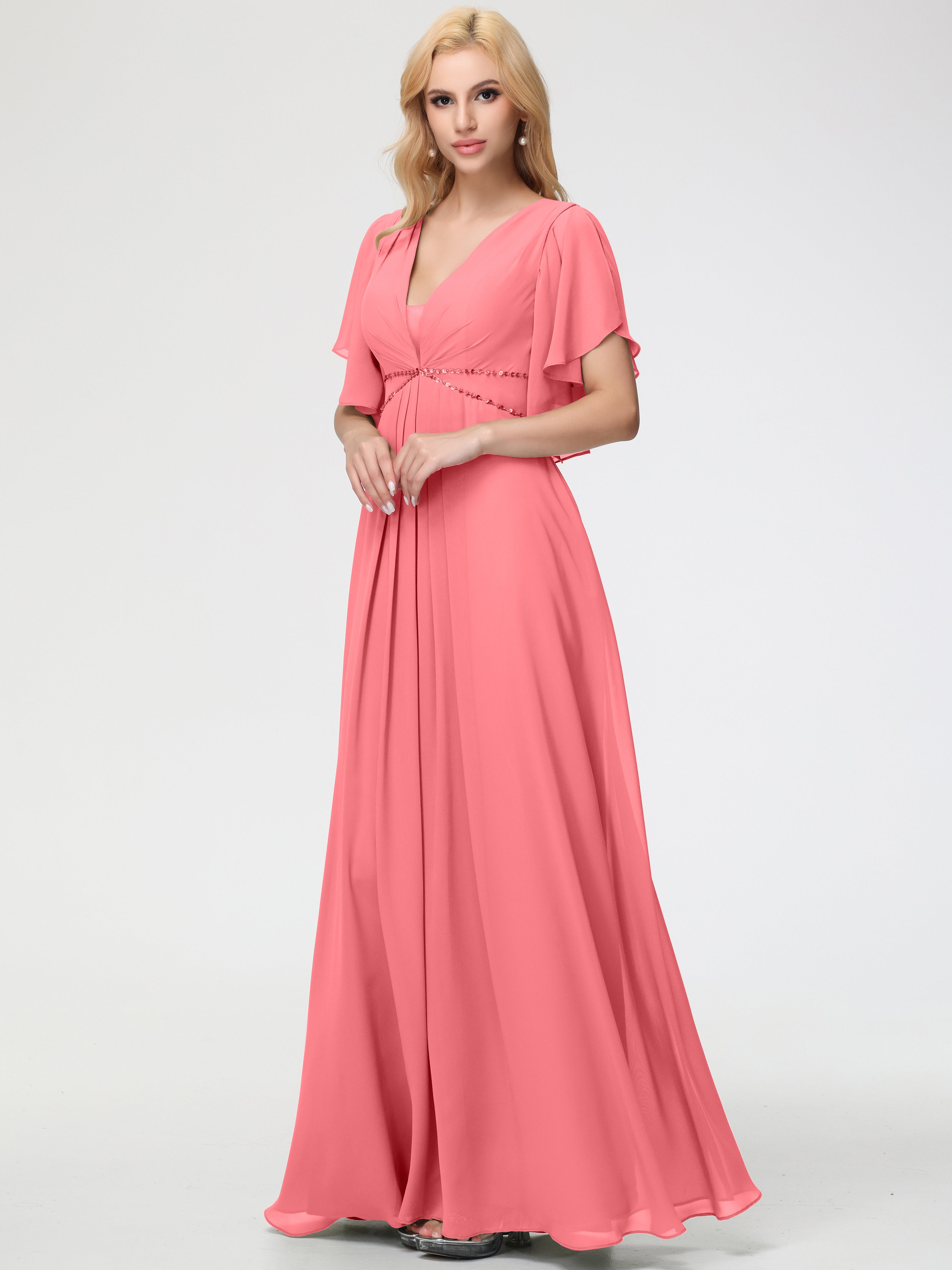 Watermelon Pink Bridesmaid Dresses A-Line Short Sleeves V Neck Sequined Empire Waist Long Chiffon Bridesmaid Dresses