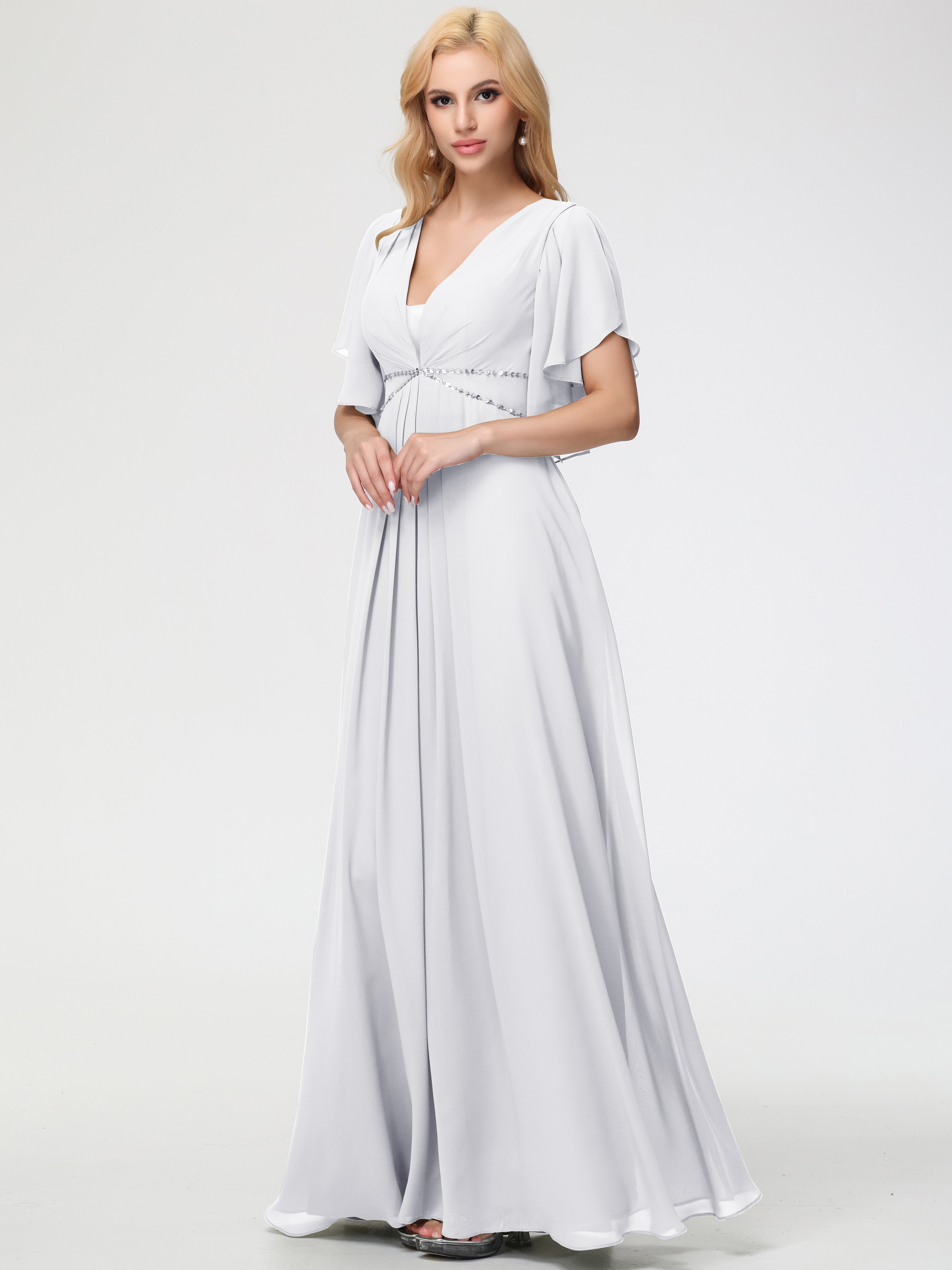 White Bridesmaid Dresses A-Line Short Sleeves V Neck Sequined Empire Waist Long Chiffon Bridesmaid Dresses