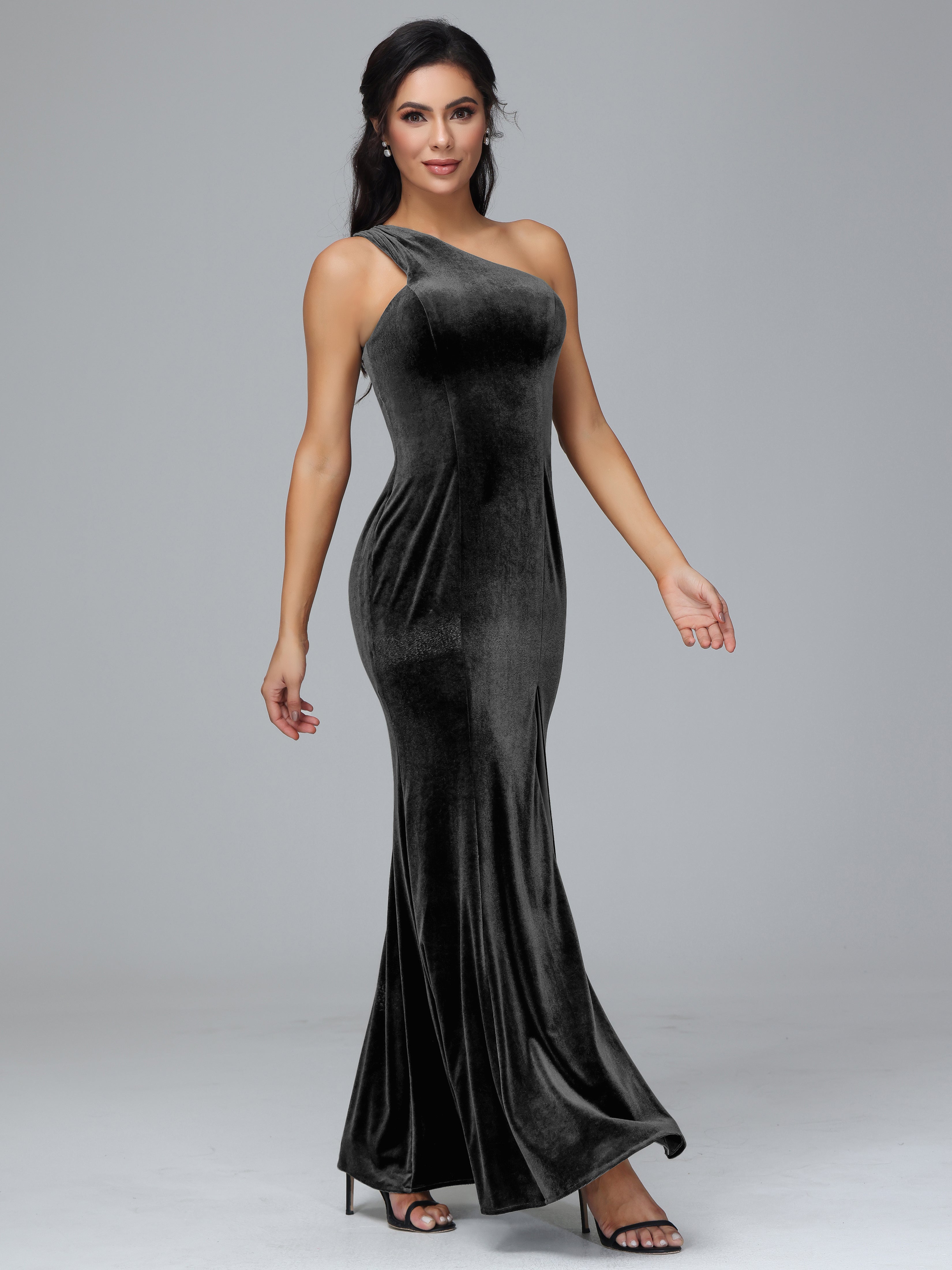 One Shoulder Plus Size Velvet Bridesmaid Dress With Slit