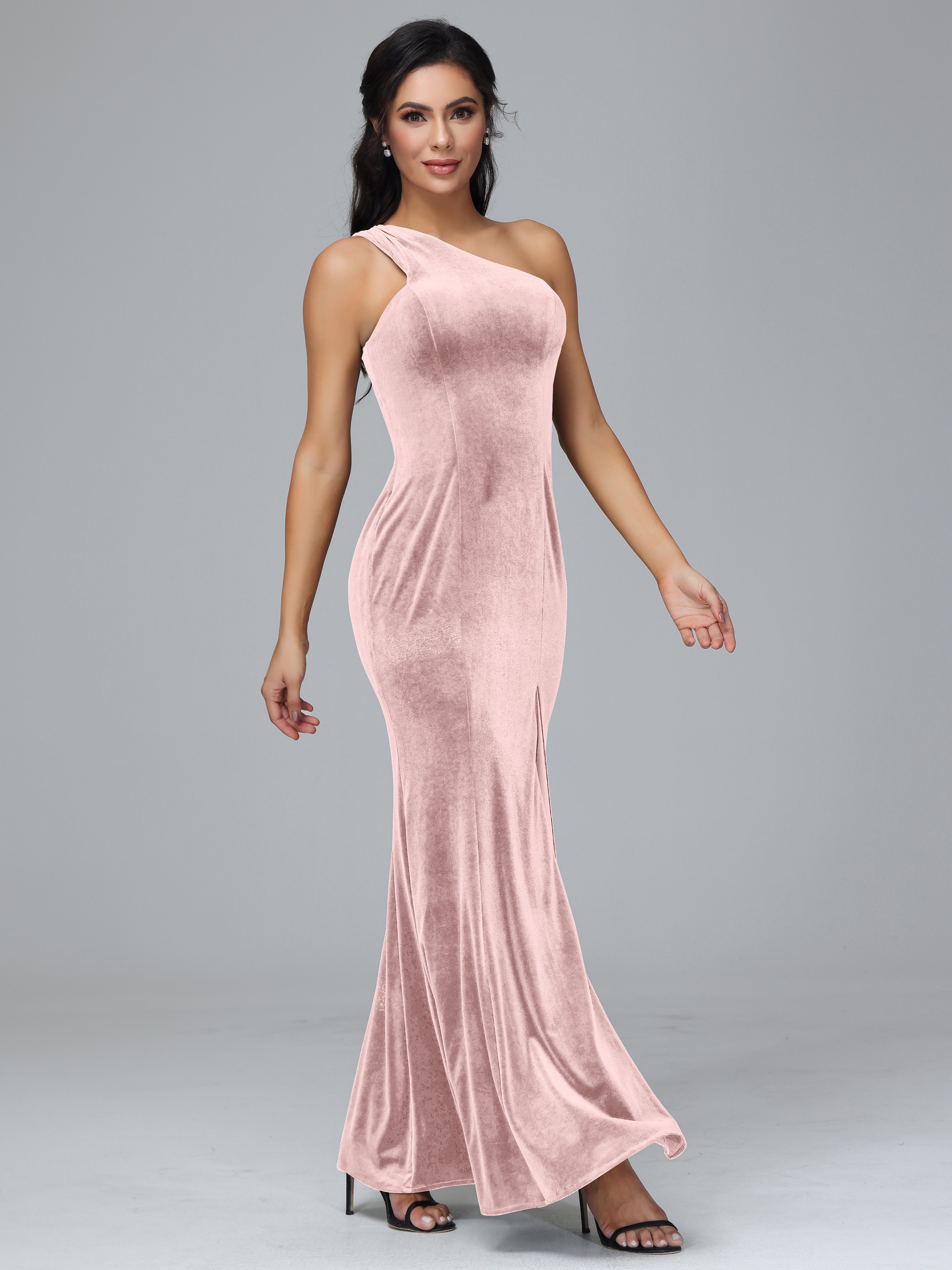 One Shoulder Plus Size Velvet Bridesmaid Dress With Slit