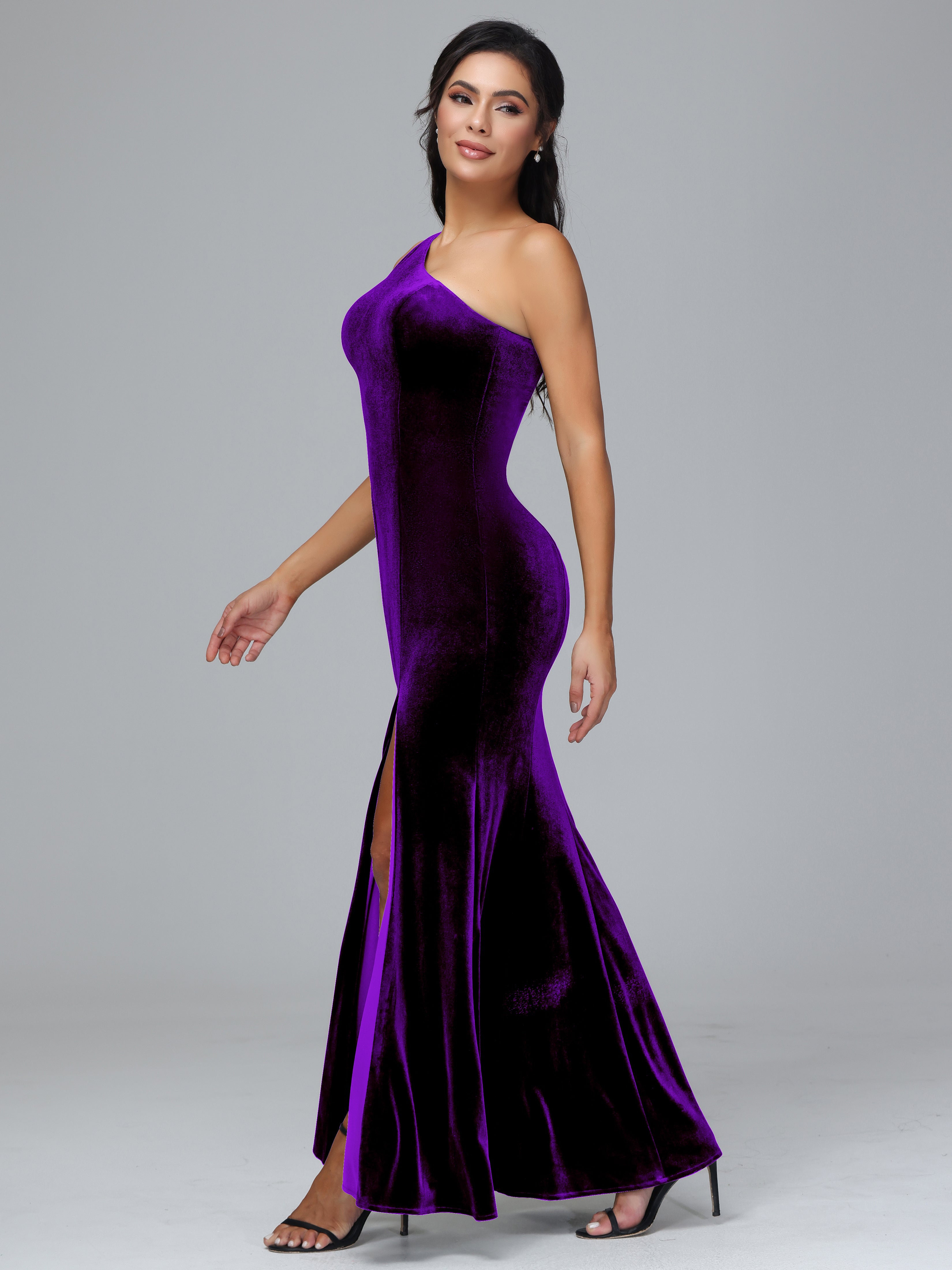 One Shoulder Plus Size Velvet Bridesmaid Dress With Slit