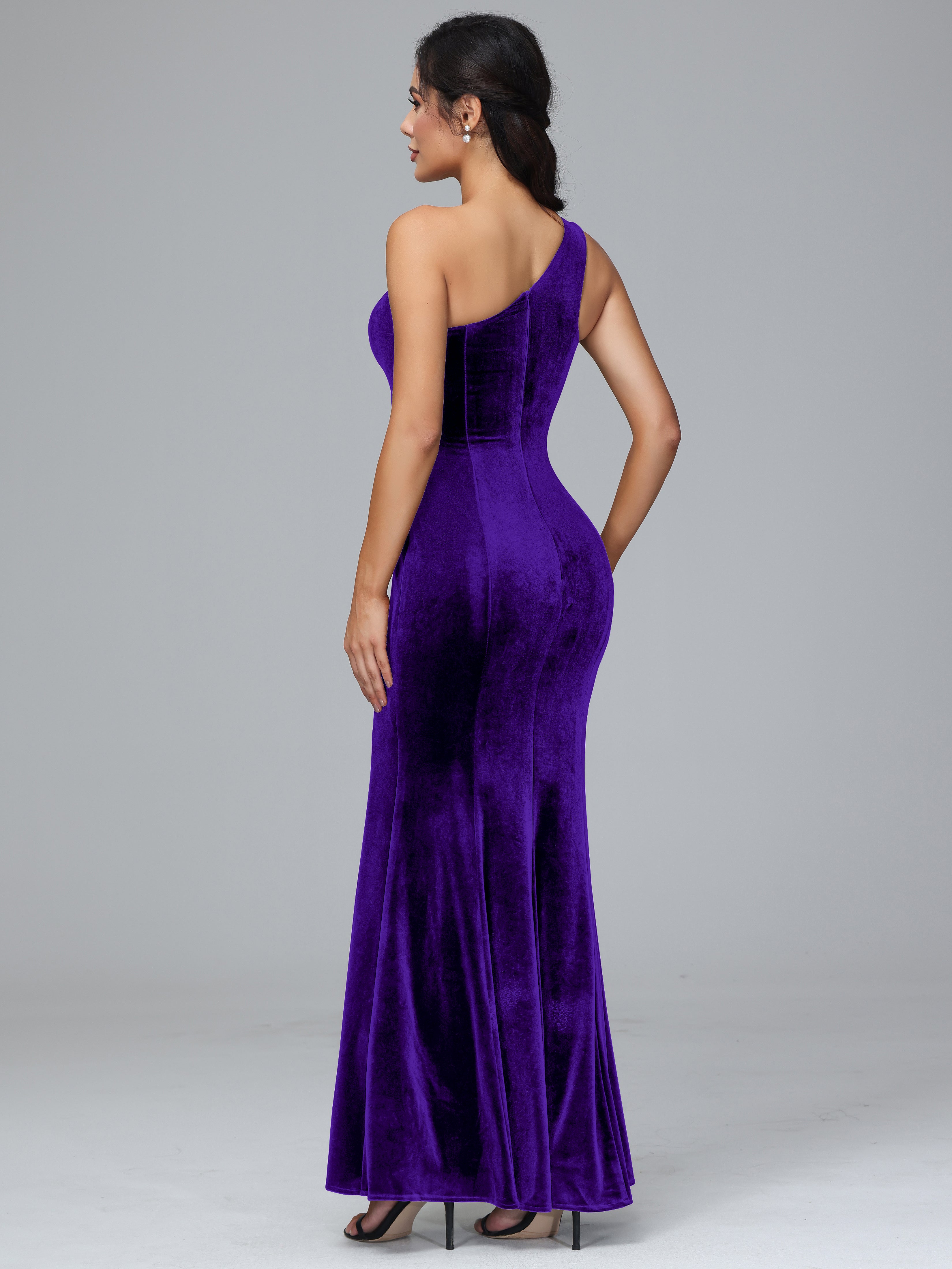 One Shoulder Plus Size Velvet Bridesmaid Dress With Slit