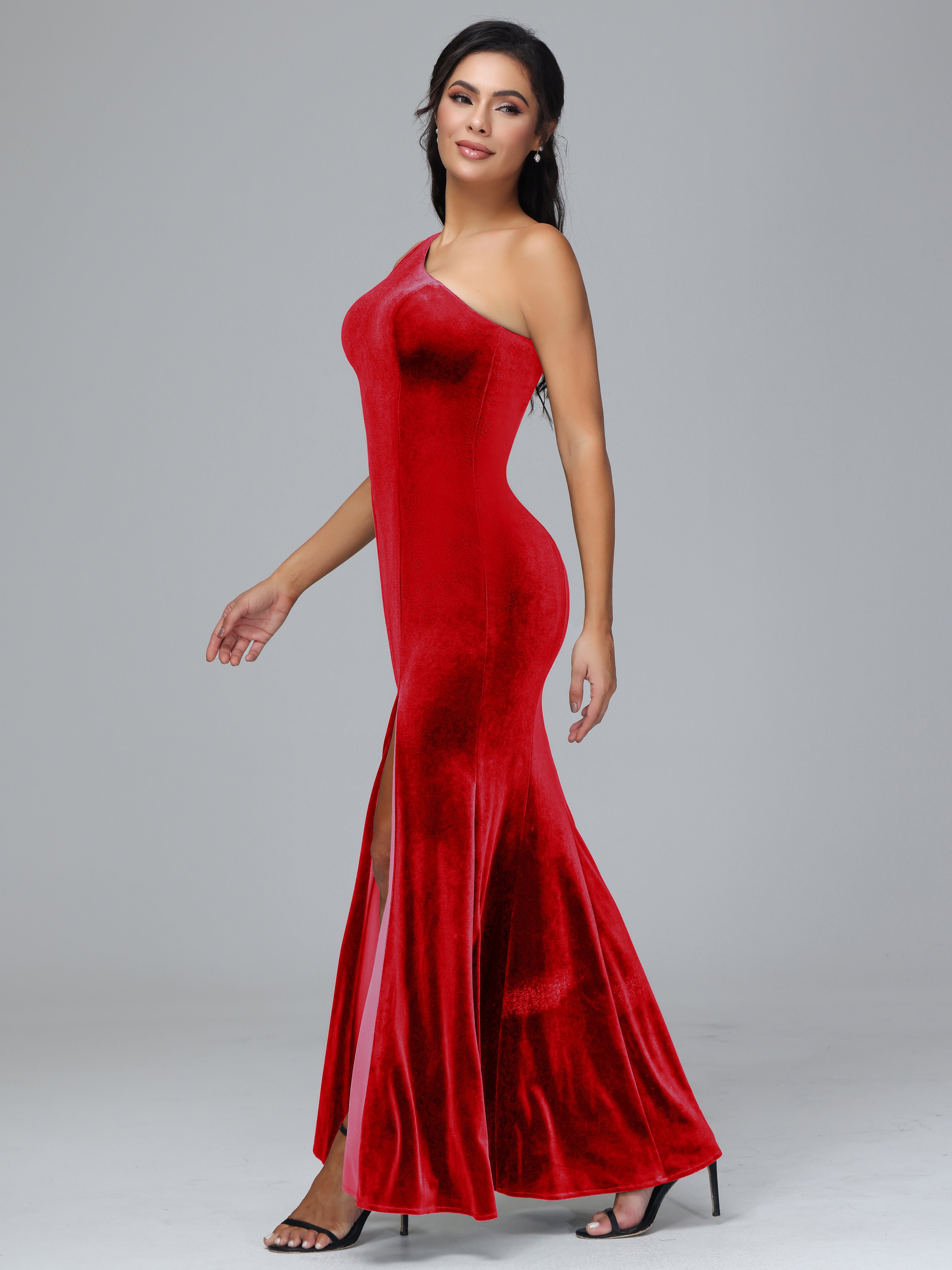 One Shoulder Plus Size Velvet Bridesmaid Dress With Slit