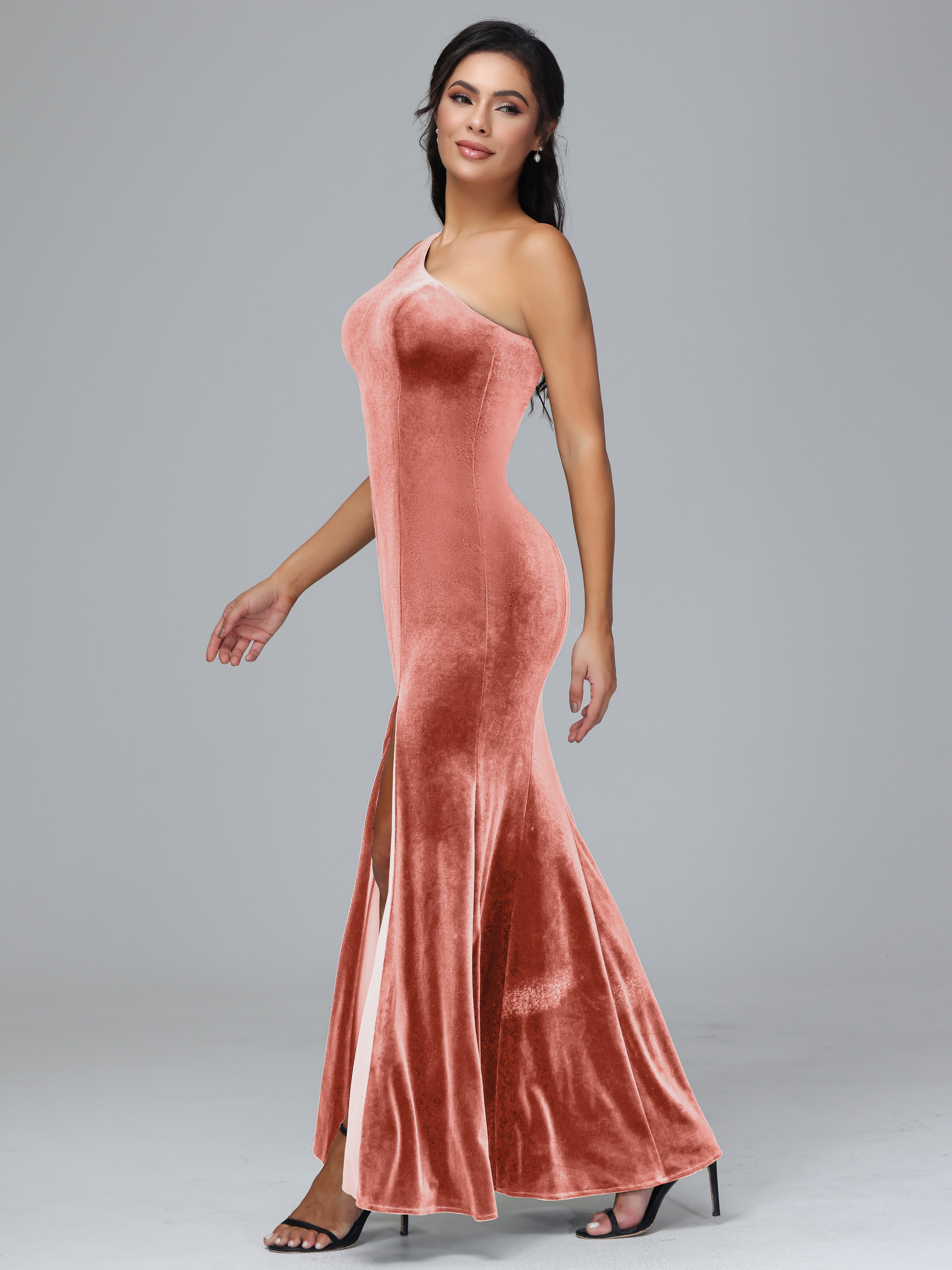 One Shoulder Plus Size Velvet Bridesmaid Dress With Slit