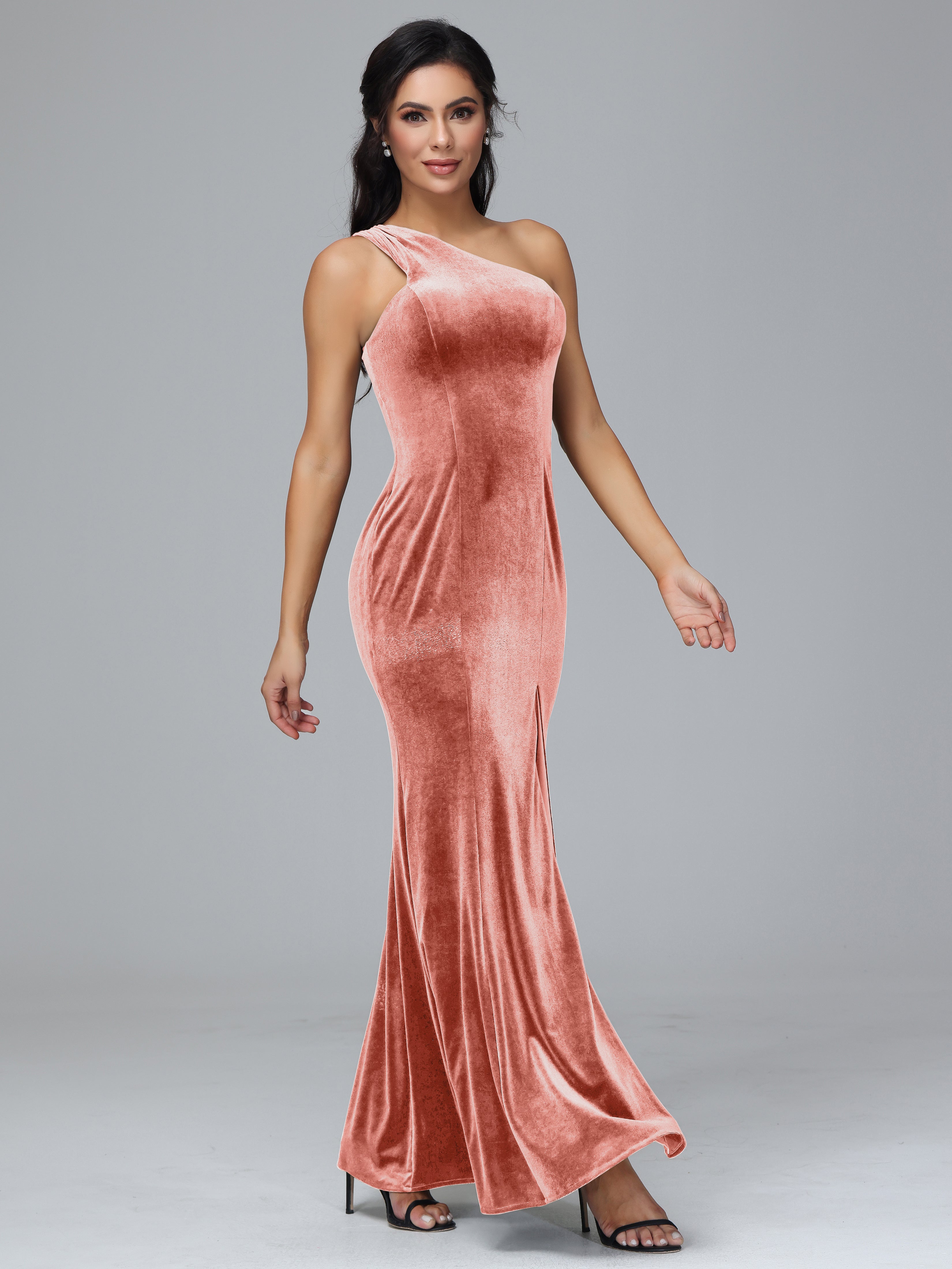 One Shoulder Plus Size Velvet Bridesmaid Dress With Slit